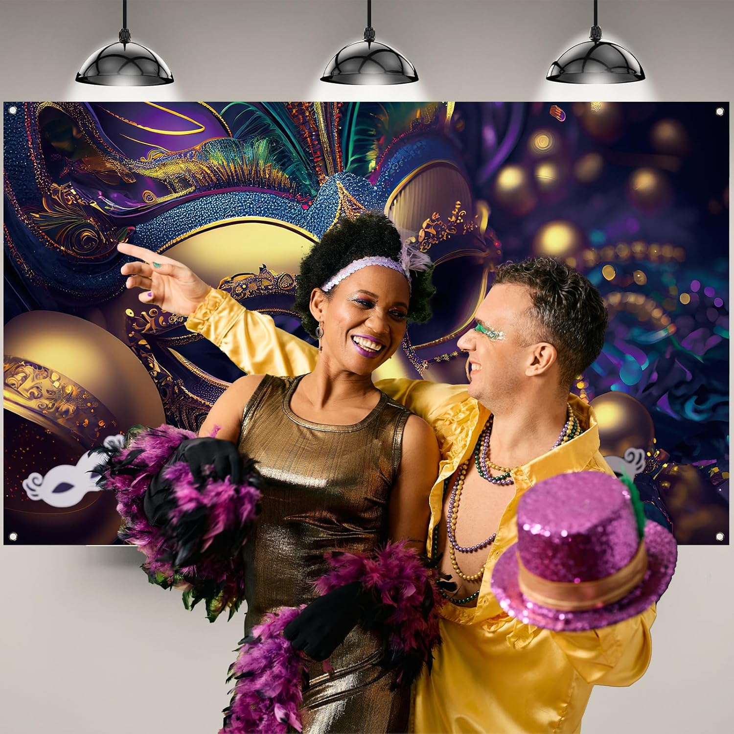 Mardi Gras Photo Backdrop Purple Mask Beads Banner Fat Tuesday Brazil Carnival Masquerade Party Birthday Decorations and Supplies for Home-71&times;43'' image number 2