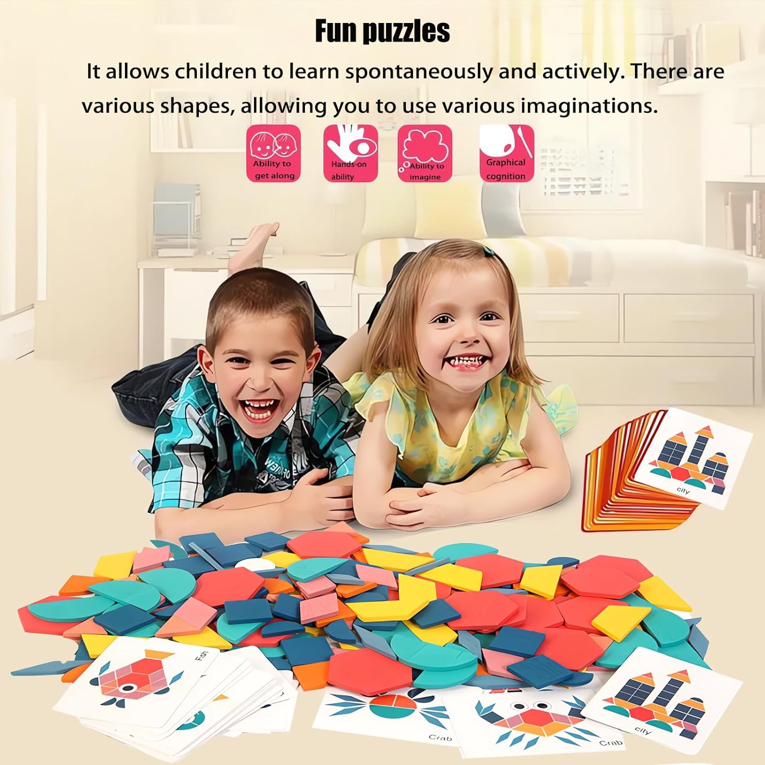 180 Pcs Wooden Pattern Blocks, Tangram Puzzles for Kids Ages 4-8, Montessori Toys Geometric Shapes Puzzle Set with Activity Cards, Educational Learning Toys for Children