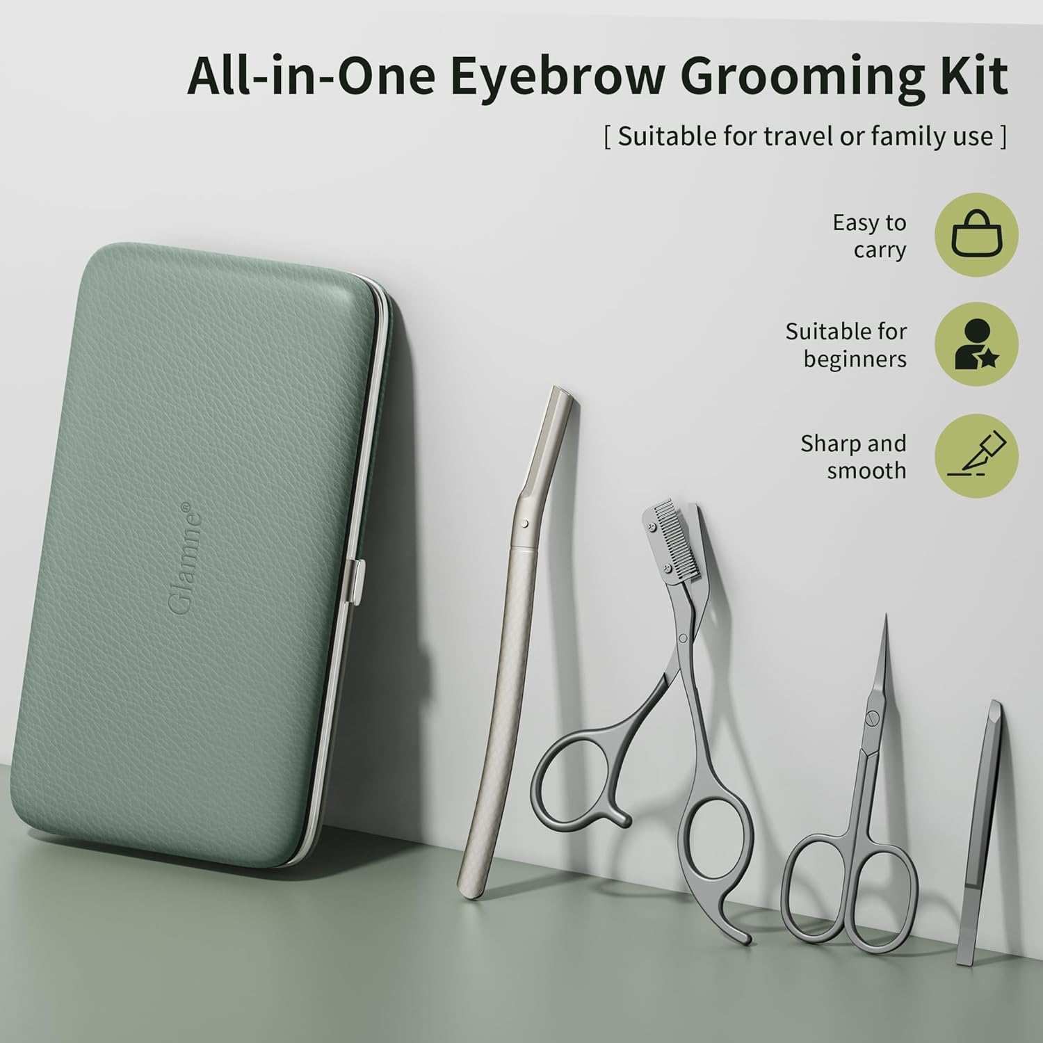 Glamne Eyebrow Trimmer Kit Scissors Tweezers Razor Facial Shaver Grooming Set with Mirror Travel Cases image number 3