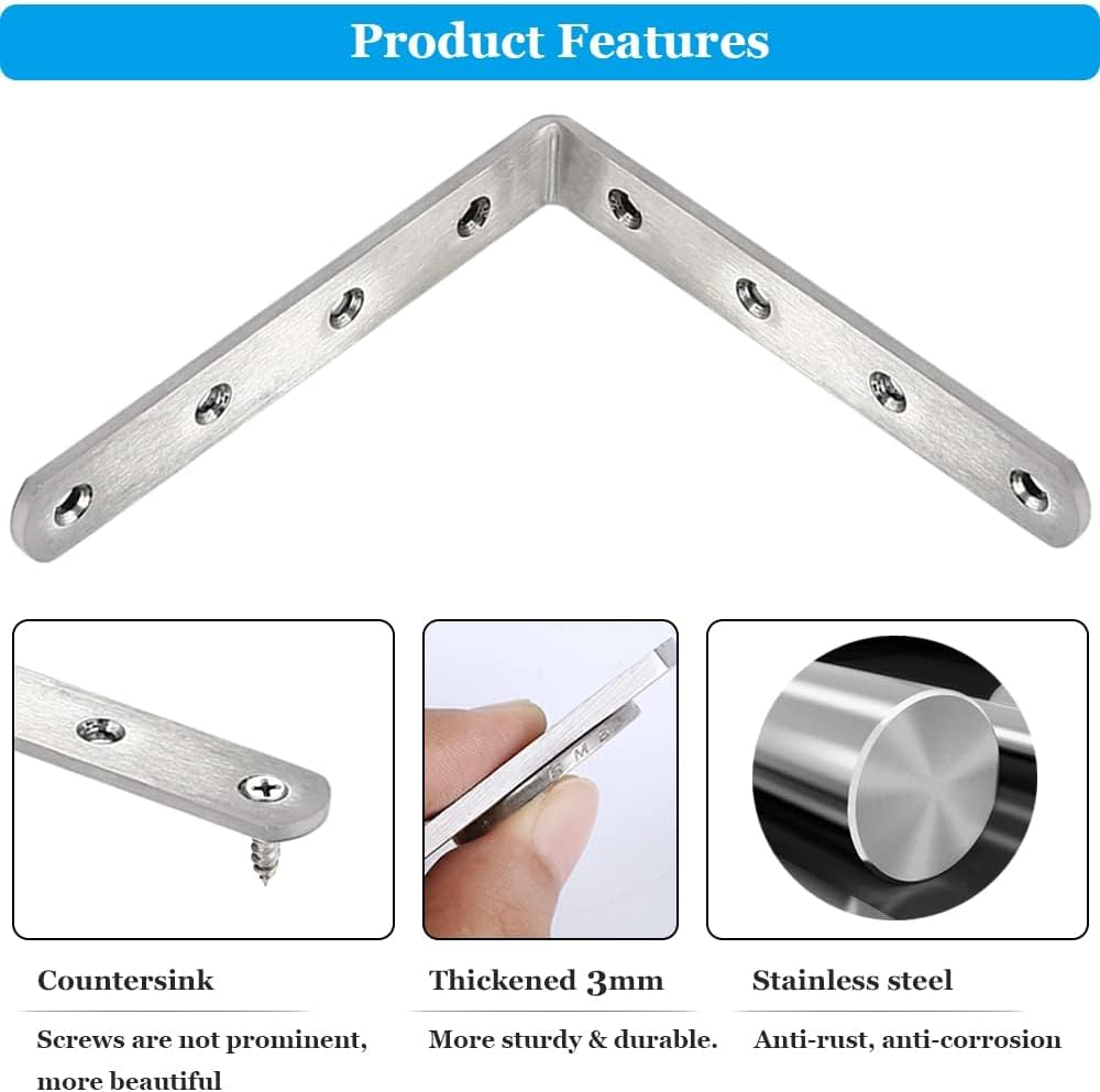 Evervanz 8 Pcs Stainless Steel L Bracket 12.5Cm X 12.5 Cm Heavy Duty Solid Shelf Support Corner Brace, Metal Joint Right Angle Bracket for Wood Shelves, with Screws G_04 image number 1