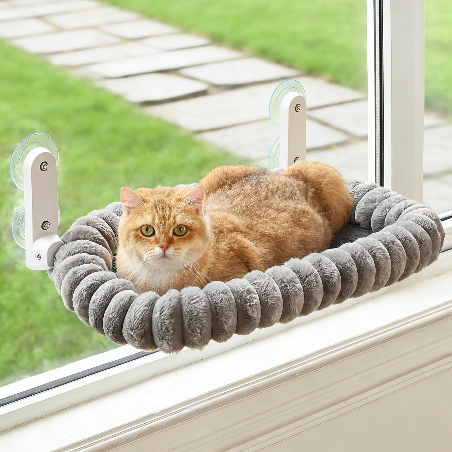 Zoratoo Cat Window Perch with Bolster, Cordless Foldable Cat Window Hammock with Strong Suction Cups & Metal Frame, Machine Washable Pet Bed for Indoor Cats (Green, Medium)