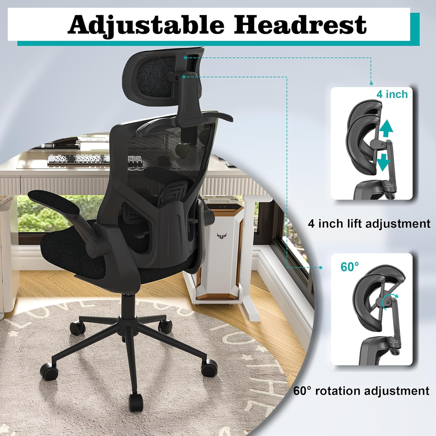 FOKESUN Ergonomic Office Chair, High Back Mesh Desk Chair with Thick Molded Foam Cushion, Coat Hanger, Adjustable Headrest, Lumbar Support, Tilt & Lock Function - Task Chair (All Black) image number 1
