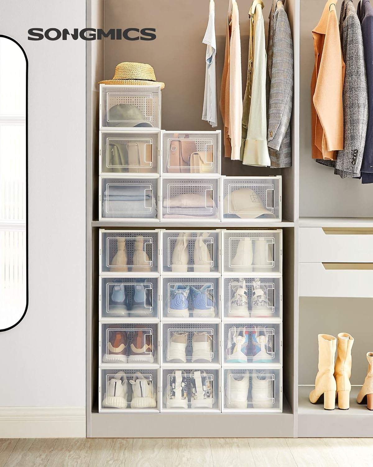SONGMICS Shoe Boxes, Pack of 18 Stackable Shoe Storage Organizers, Fit up to US Size 9.5 ULSP18MWT image number 2