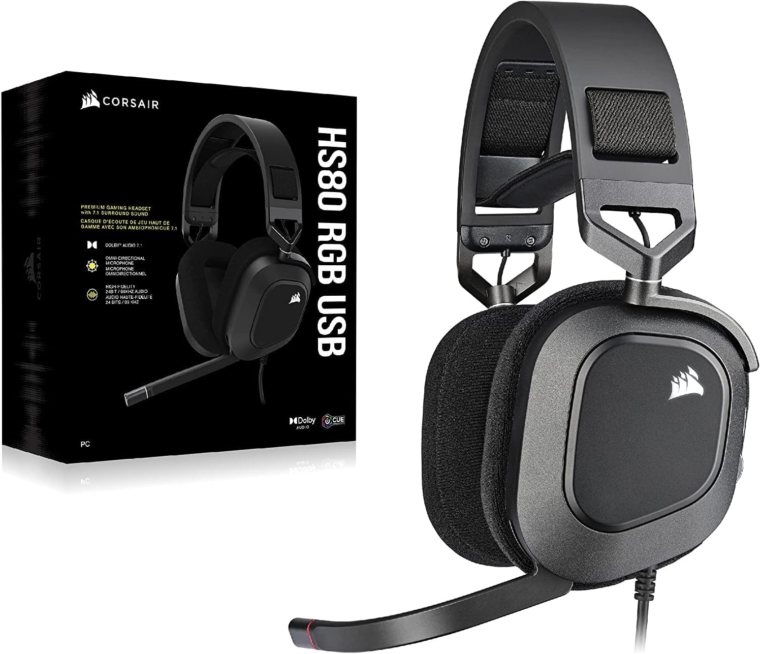 CORSAIR HS80 RGB USB Premium Gaming Headset with Dolby Audio 7.1 Surround Sound (Broadcast-Grade Omni-Directional Microphone, Memory Foam Earpads, High-Fidelity Sound, Durable Construction) Carbon