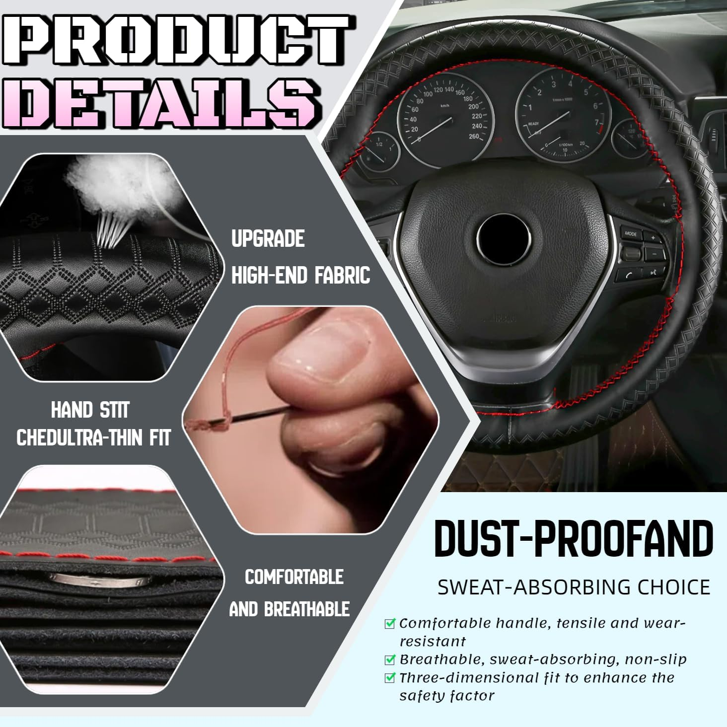 DEEYOTA Car Steering Wheel Cover Universal Fit round Stitch Steering Wheel Wrap Thin PU Leather Steering Wheel Cover Sewn on 15" Car Wheel (Black) - Coffee image number 3