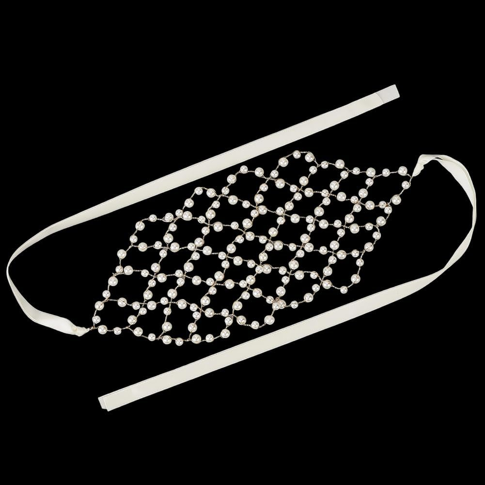 CABODYALS Bridal Headpiece with Faux Pearls White Gold Vintage Boho Beads Headband Brass Wedding Jewellery Decorative Hair Tendril Headbands for Women Dresses Birthday Party Anniversary Accessories image number 4