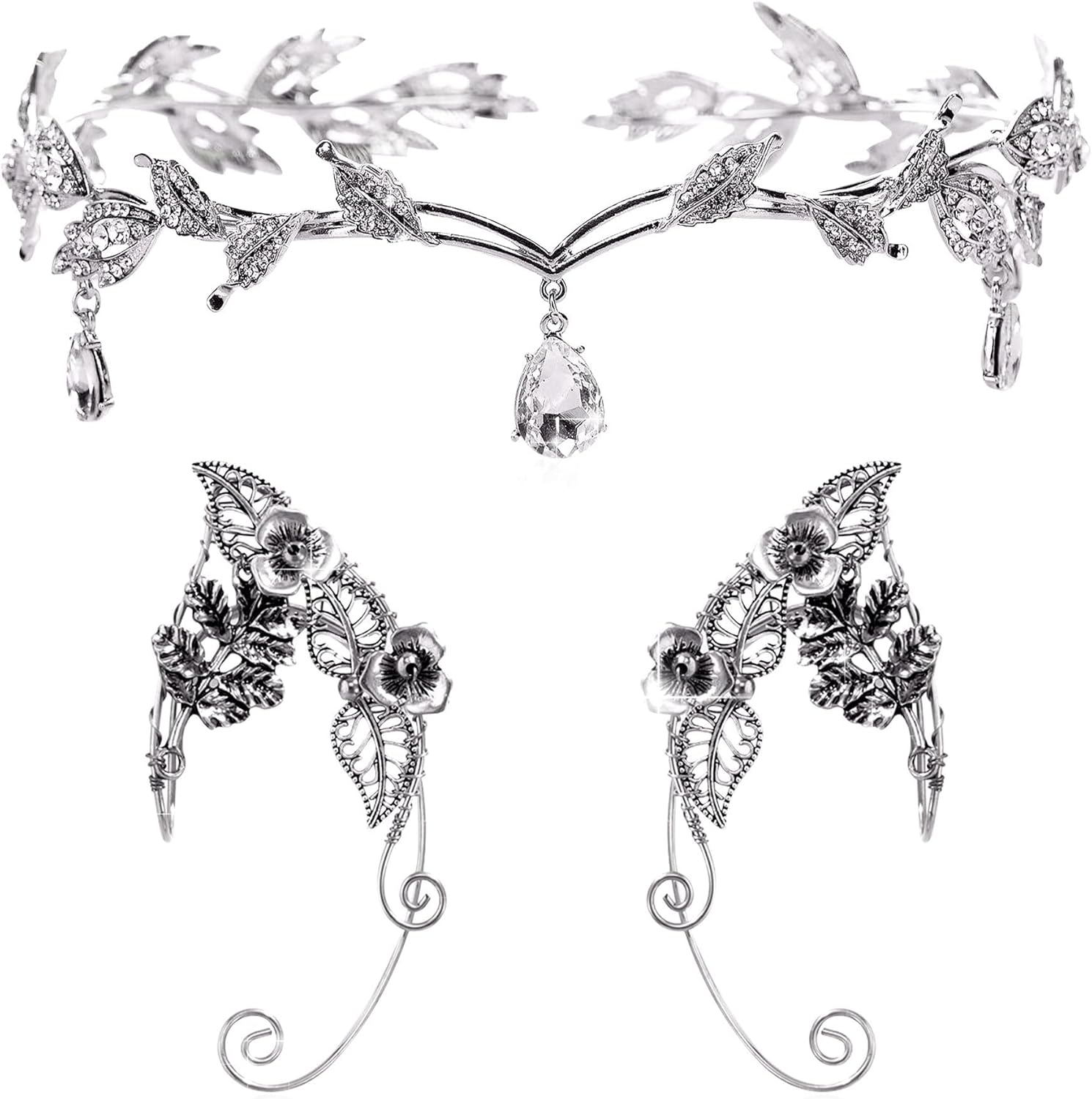 Jevenis Silver Elf Crown Black Fairy Costume Medieval Viking Fairy Headpiece Elf Costume Accessory for Renaissance