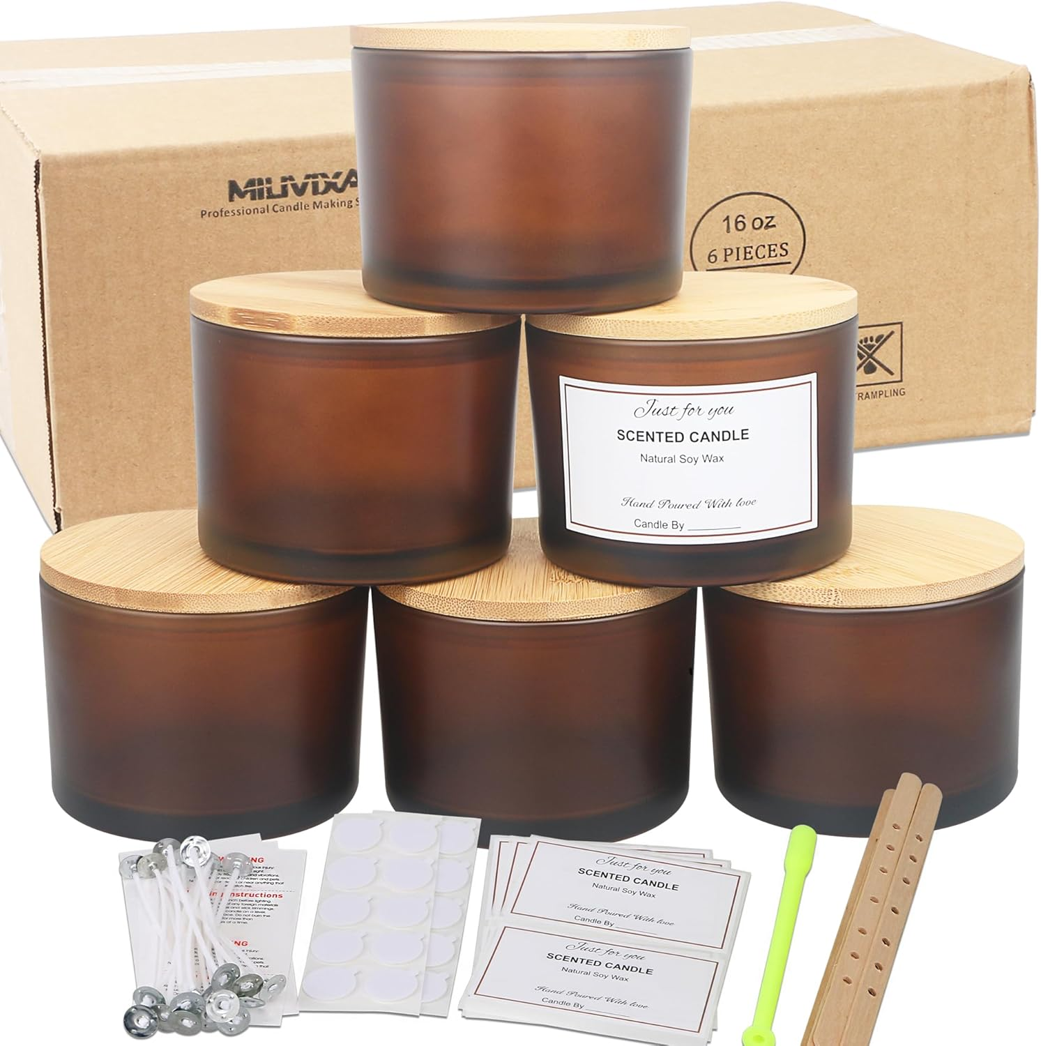 MILIVIXAY 6 X 16Oz Candle Jars with Bamboo Lids and Candle Making Kits - 3-Wick Candle Jar, Empty Frosted Amber Thick Jars for Making Large Candles - Spice image number 3