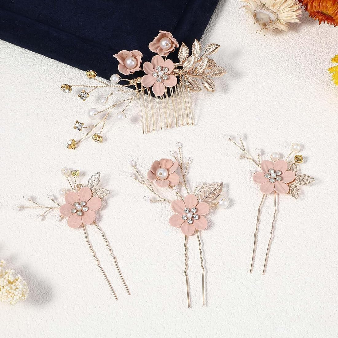 JYNVO Wedding Hair Accessories, Pack of 3 Pearl Flower Bridal Hair Comb Rhinestone Bridal Hair Pins for Communion Girls Bride Bridesmaid image number 2
