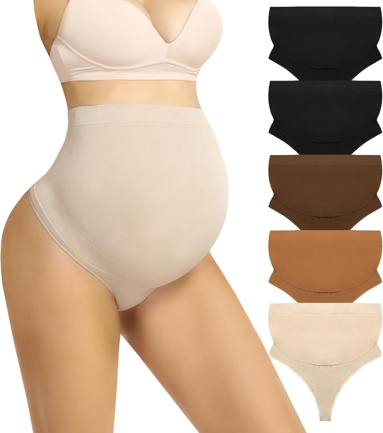 Maternity Underwear Thong for Women, Pregnancy Shapewear over the Belly Support Seamless Pregnant Panties 5-Pack