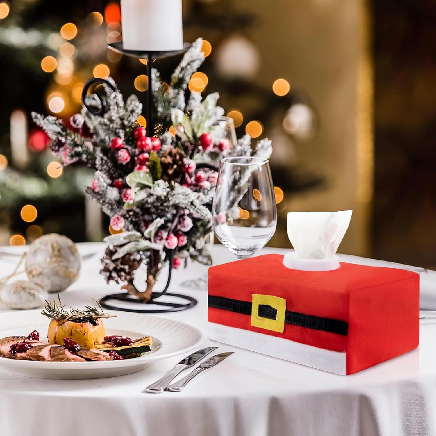 2 Packs Christmas Tissue Box Covers, Rectangular Santa Belt Paper Towel Holders, Festive Tissue Box for Car, Living Room, Kitchen and Holiday Decorations