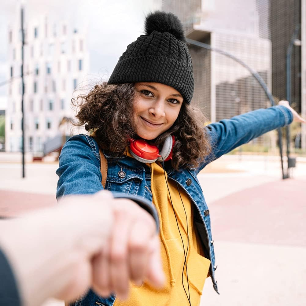Womens Winter Satin Lined Beanie Hat Cuffed Cable Knit Detachable Faux Fur Pompom Silky Lined Warm Cap - Black image number 4