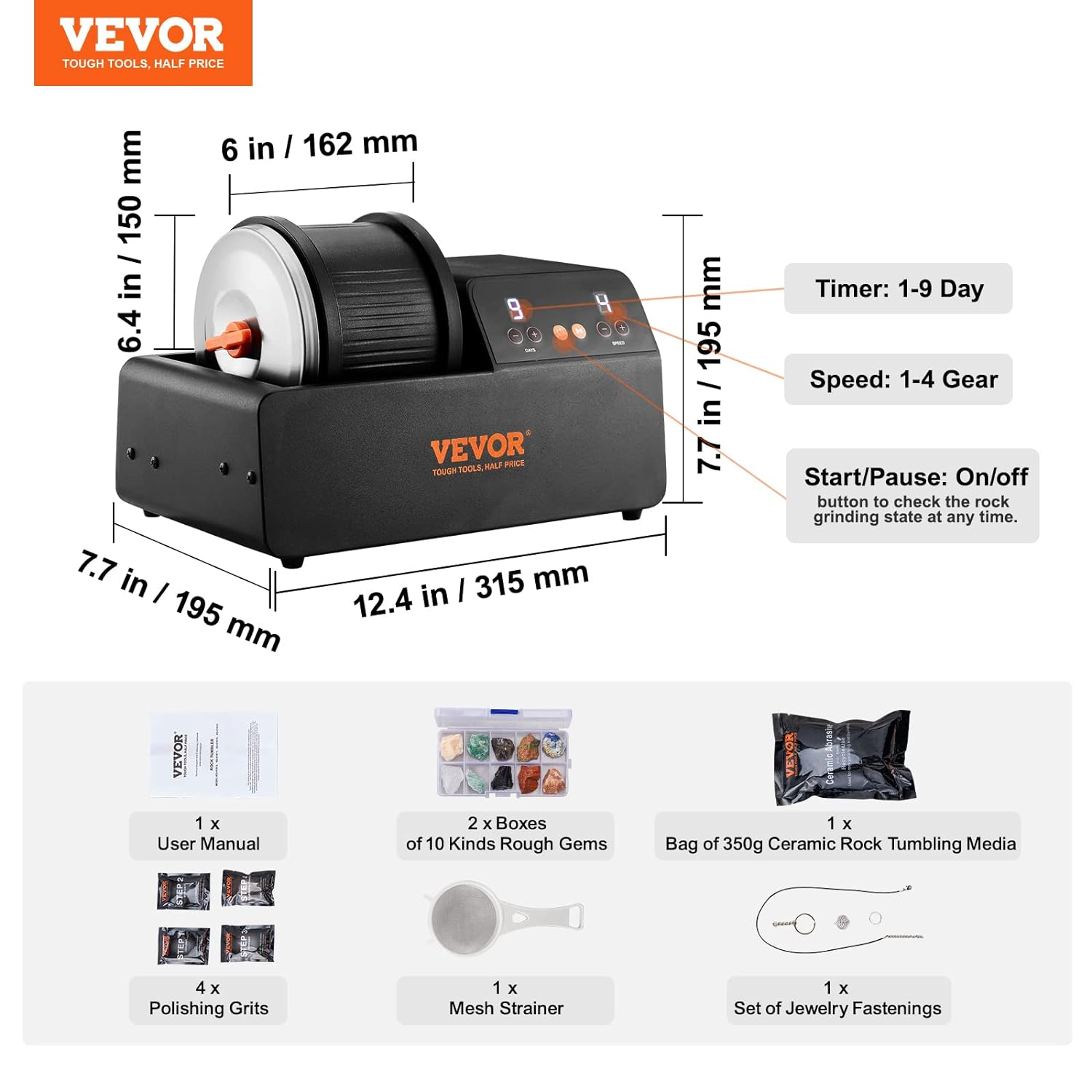 VEVOR Direct Drive 3LB Rock Tumbler Kit, 4-Speed/9-Day Timer,Professional Rock Polisher with Rough Gemstones/Grits/Jewelry Fastenings,Stone Polishing Kit for Family Fun Time,Stem Adults Kids image number 1