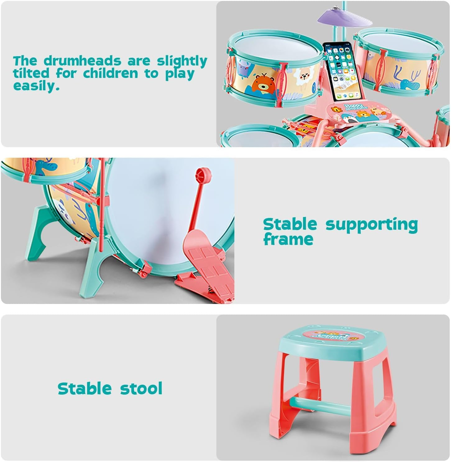 KIDBOT Kids Rock Jazz Drum Set,Educational Music Toys Kit with Chair for Toddler, 5 Drums 17 Pieces Musical Instrument image number 5