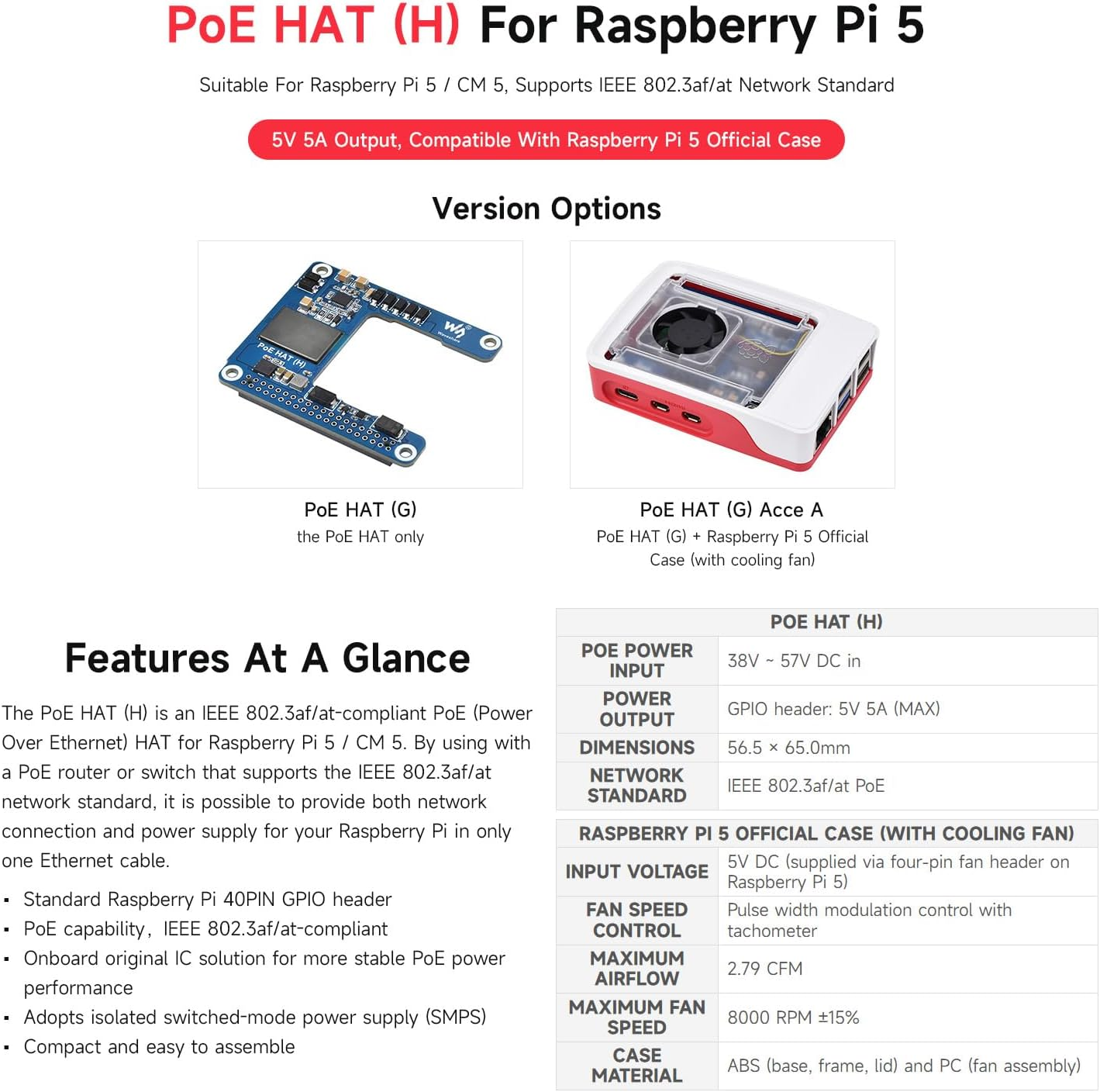 Waveshare Power over Ethernet HAT (H), Compatible with Raspberry Pi 5 / CM 5, 5V 5A Output, Stable Performance, Supports 802.3Af/At Network, Isolated Switched-Mode Power Supply, Poe HAT, Board ONLY image number 2