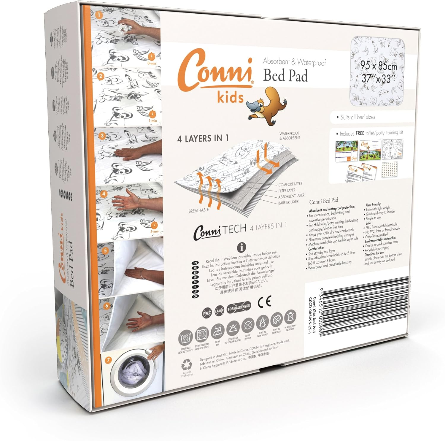 Conni Kids Reusable Bed Pad, Absorbent, Waterproof and Washable Protector Pad for Potty Training and Youth Incontinence, Aussie Animals Print, 95 X 85 Cm