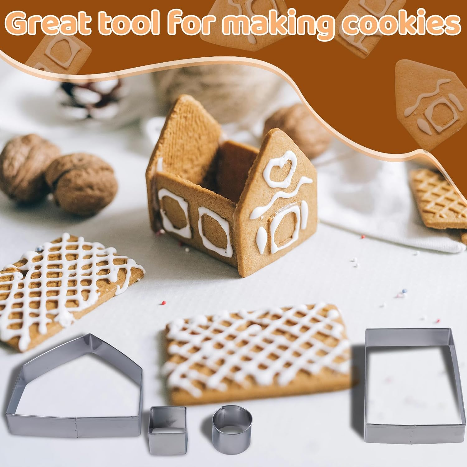 3D Christmas Cookie Cutter Set, Xmas Gingerbread House Cookie Cutters, 10 Pieces Stainless Steel Biscuit Cutter Mould for DIY Baking Cake Fondant Muffin Pastry Decoration (Gift Box)