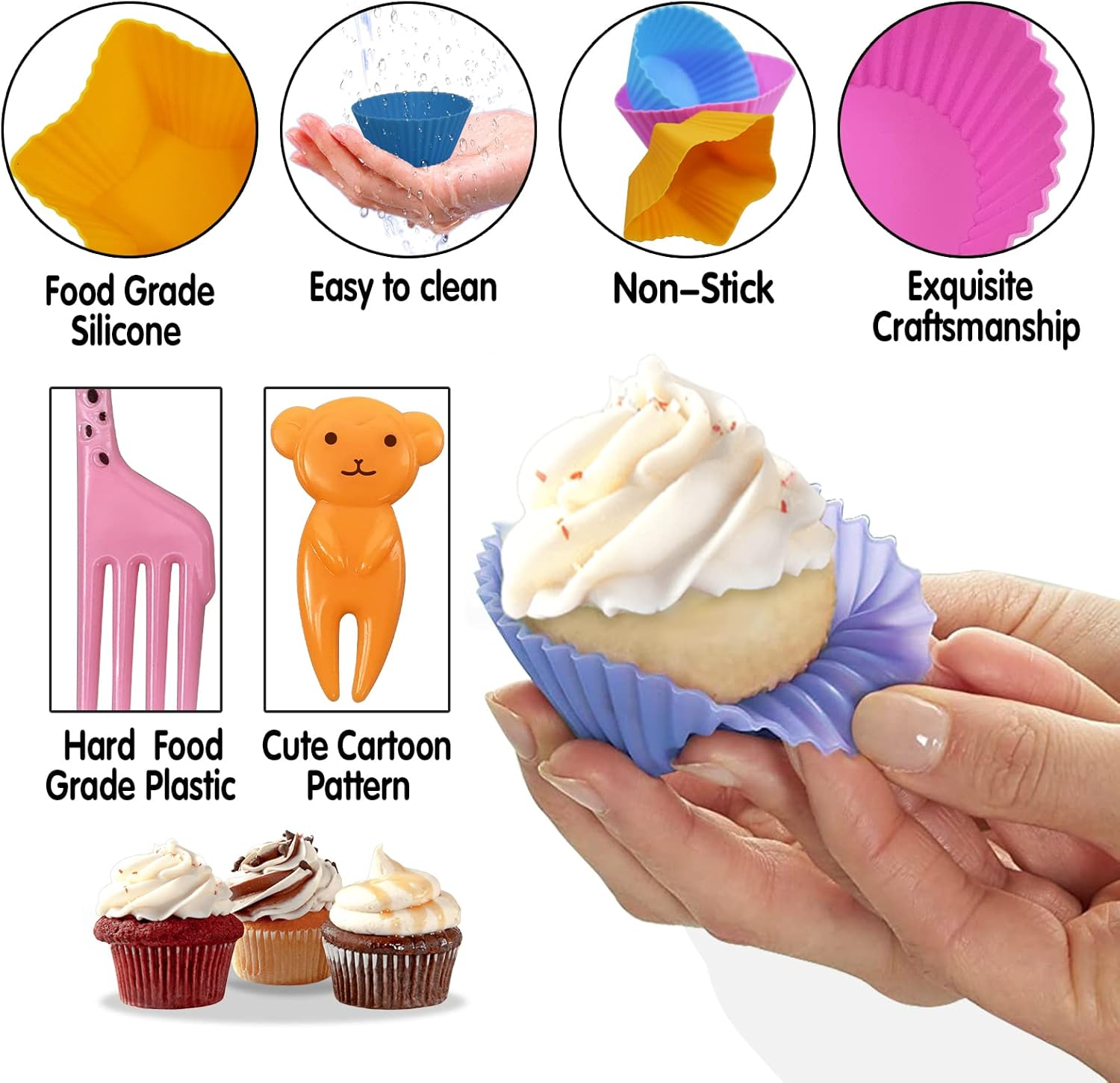 Wsmelon Silicone Lunch Box Dividers for Kids, 24 Pcs Bento Box Dividers with 10 Animal Food Picks, Bento Box Inserts, Cupcake Baking Cups, Muffin Pan Liners, Reusable and BPA Free image number 4