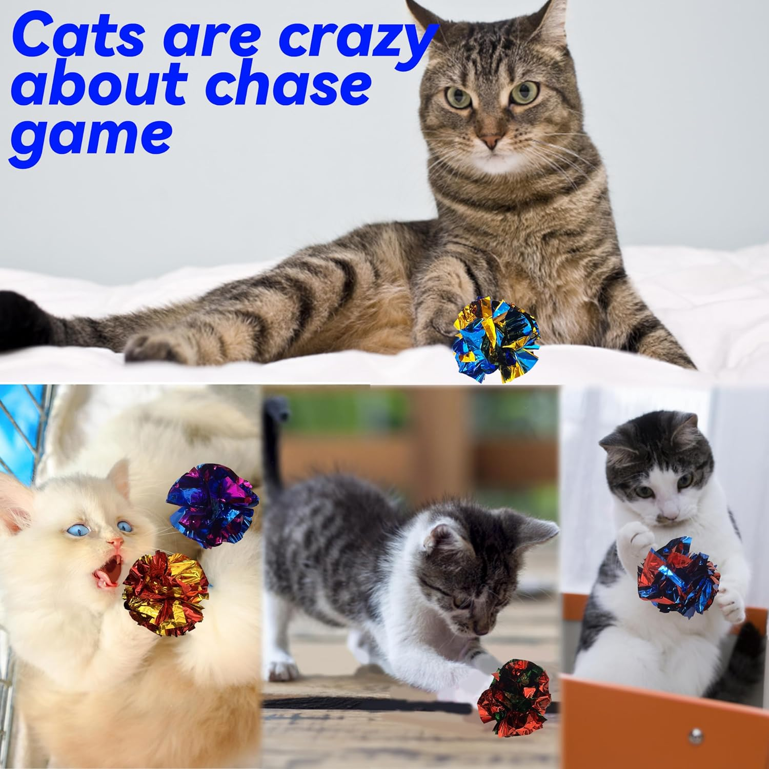 QUVOVID Cat Crinkle Ball Toys for Indoor Cats to Kill Time and Keep Fit, 2.3 Inch Colorful Mylar Crinkle Balls Attract Cats to Swat, Bite, Hunt, Interactive Toys for Cats and Kittens 10 Packs image number 2