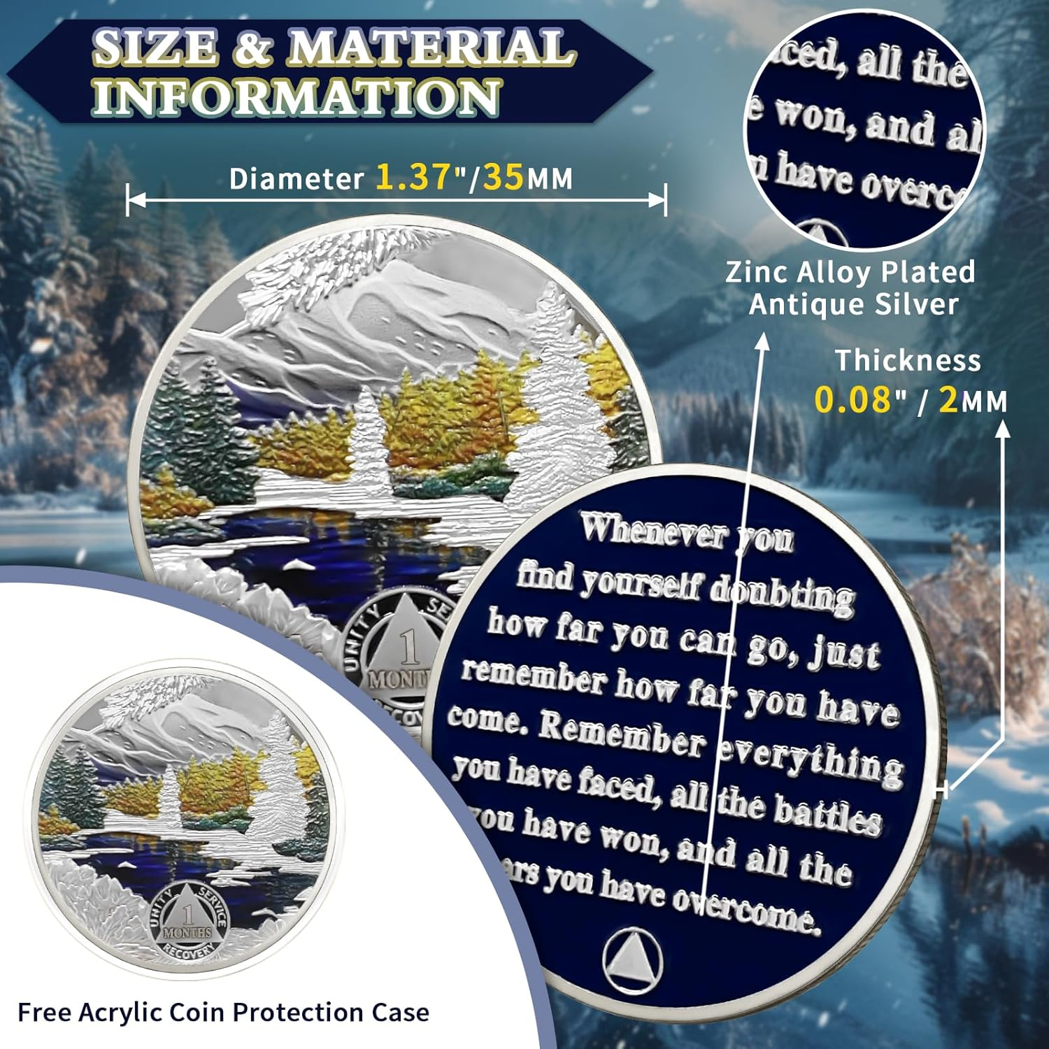 Winter 1 Month Sobriety Chip One Month Sobriety Coins AA Chips and Medallion Serenity Prayer Coin Recovery Anniversary Token Sobriety Gifts for Men Women Alcoholics Anonymous Gift image number 3
