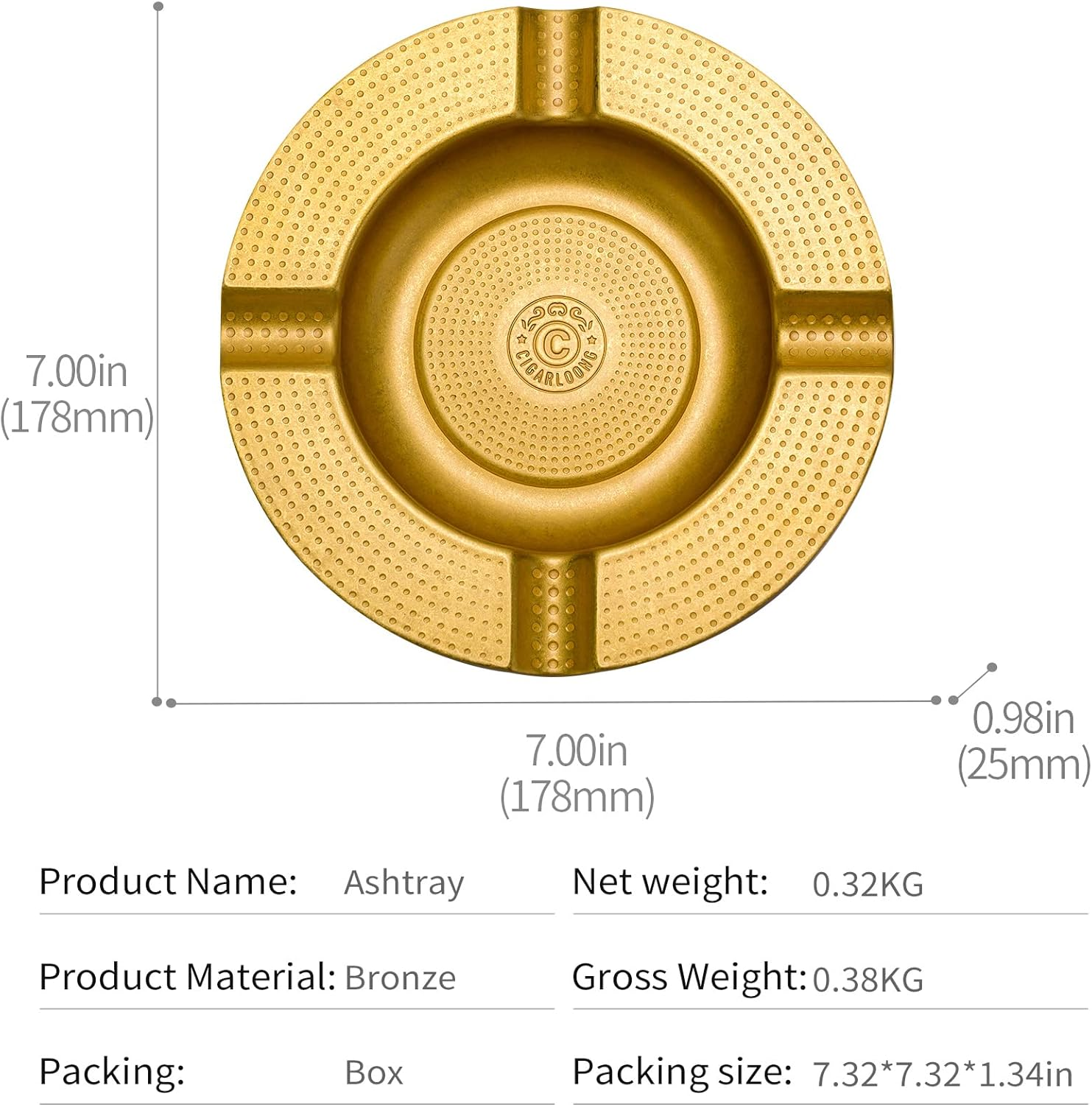 CIGARLOONG Cigar Ashtray Pure Copper Large Slot for 4 Cigars Home/Office/Patio Use(Gold2) image number 3