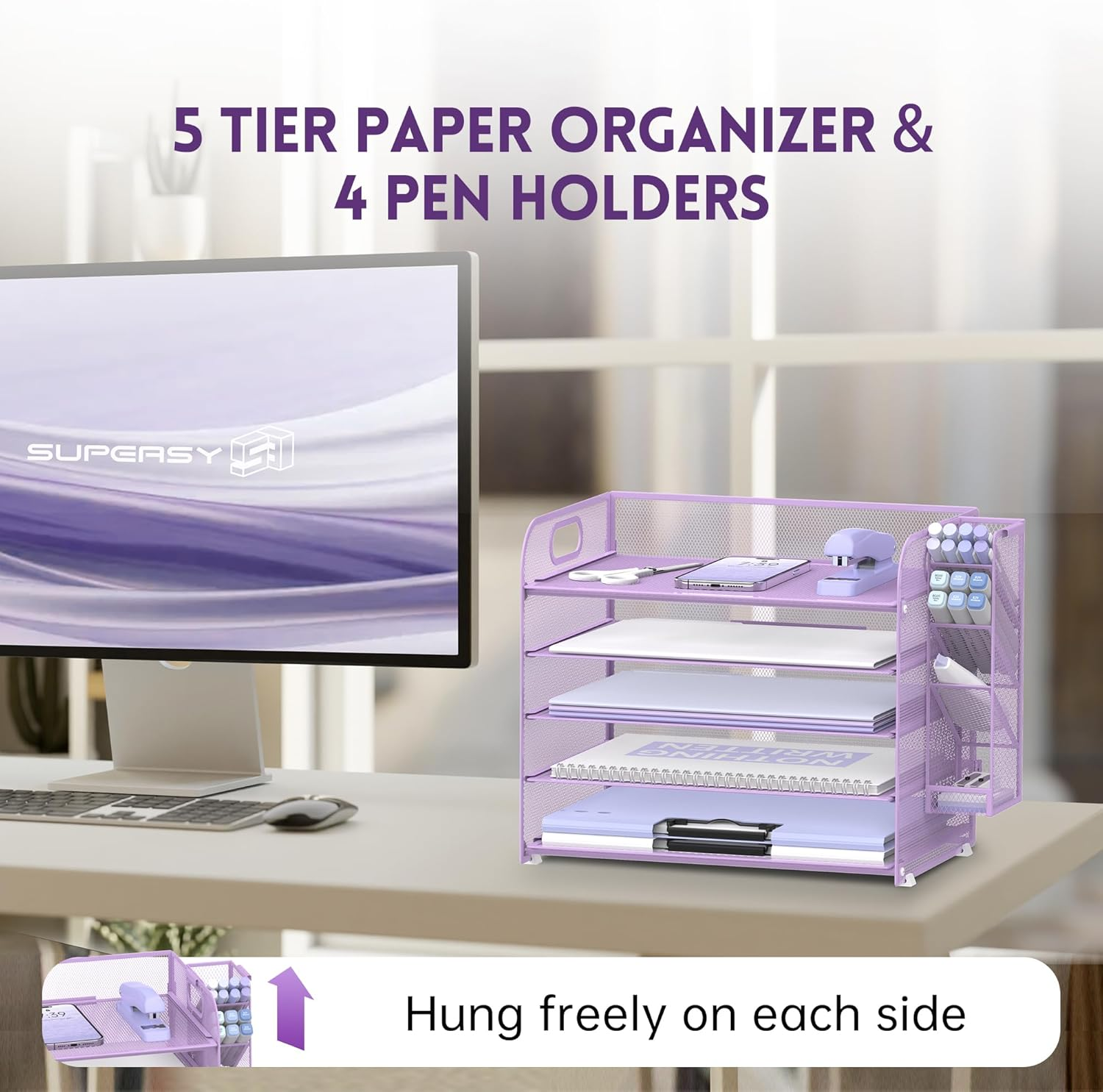 SUPEASY 5 Tier Desk Organizer with Handle & Removable Pen Holders, Mesh Paper/File Organizer for Desk, Paper Letter Tray Organizer for Office Supplies (Purple) image number 3