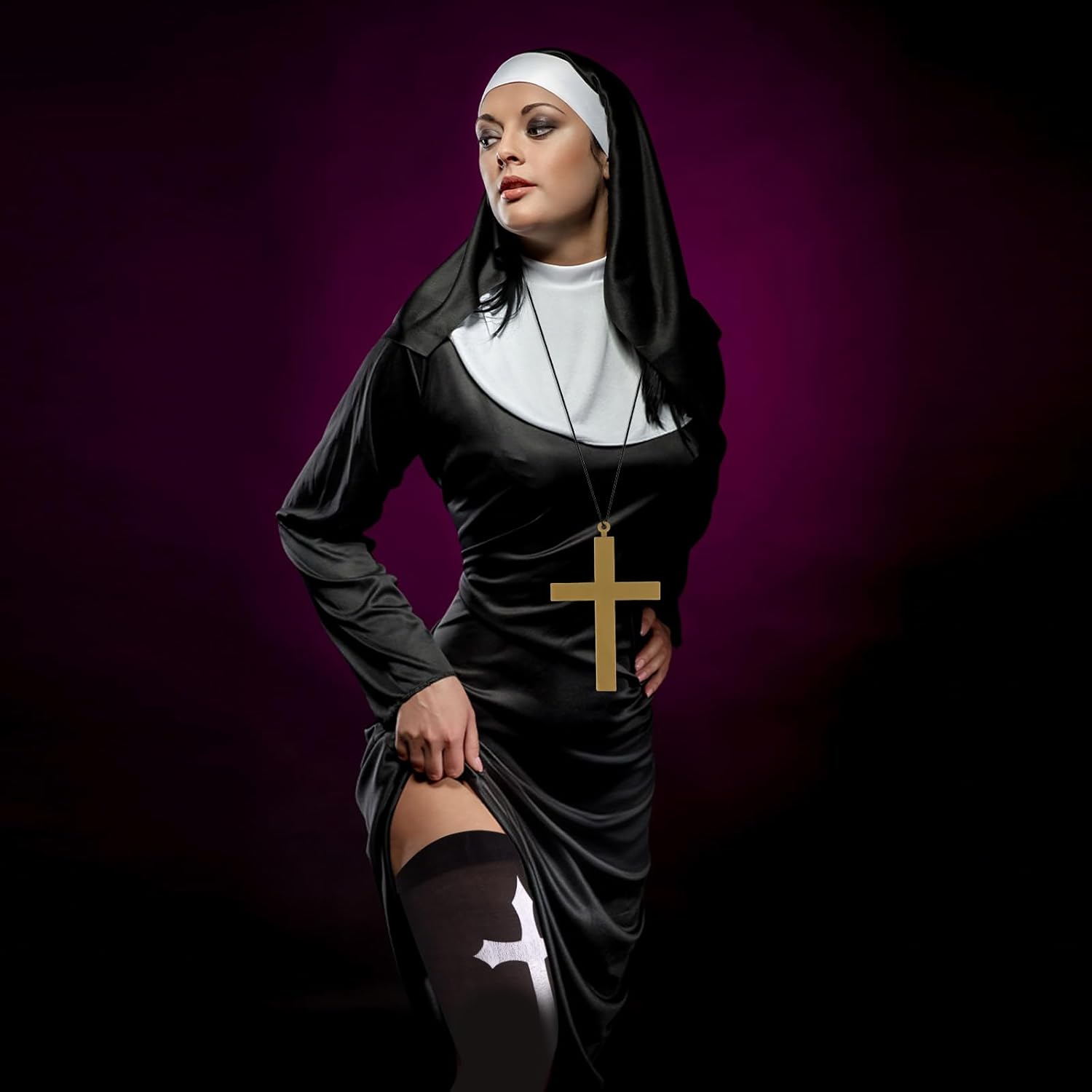 Sexy Nun Costume Woman Nun Headpiece Cross Necklace Earrings Thigh Highs Collar Sexy Halloween Costume Women Accessories image number 5