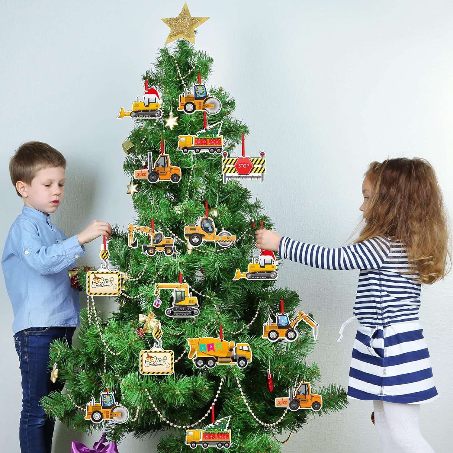 12 Pcs Christmas Construction Truck Vintage Excavator Christmas Ornament Excavator Decorations Wooden Xmas Ornaments Decorative Hanging Ornaments for Tree image number 2