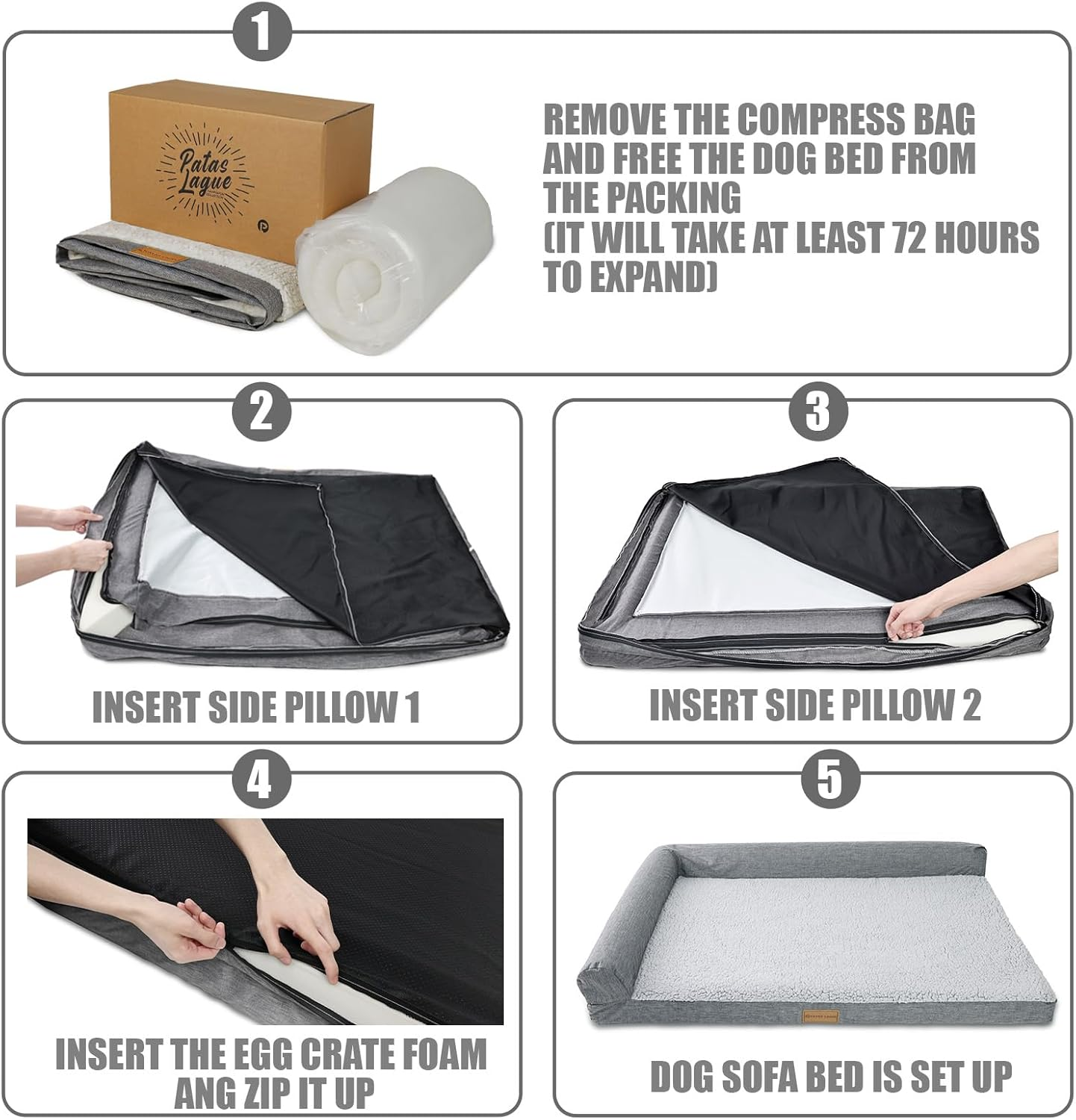 Patas Lague Orthopedic Jumbo Dog Bed for Extra Large Dogs 56''X40'', Waterproof L Shaped Jumbo Pet Sofa Beds with Removable Washable Cover, Soft Comfortable Pet Couch Mat with Nonskid Bottom, Black image number 4