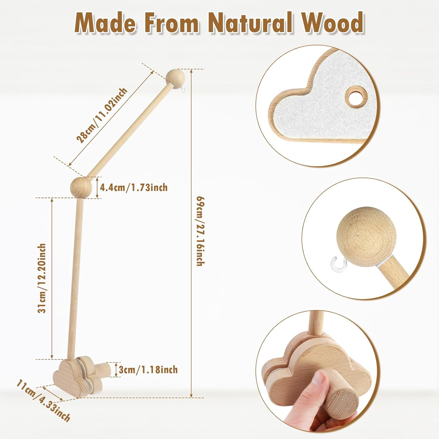 27Inch Baby Crib Mobile Arm，Wooden Mobile Arm for Crib Baby Nursery Mobile Hanger for Crib, Adjustable Angle Height Cot Mobile Holder for Crib Mini Crib Mobile Arm(Log Color) - White image number 4