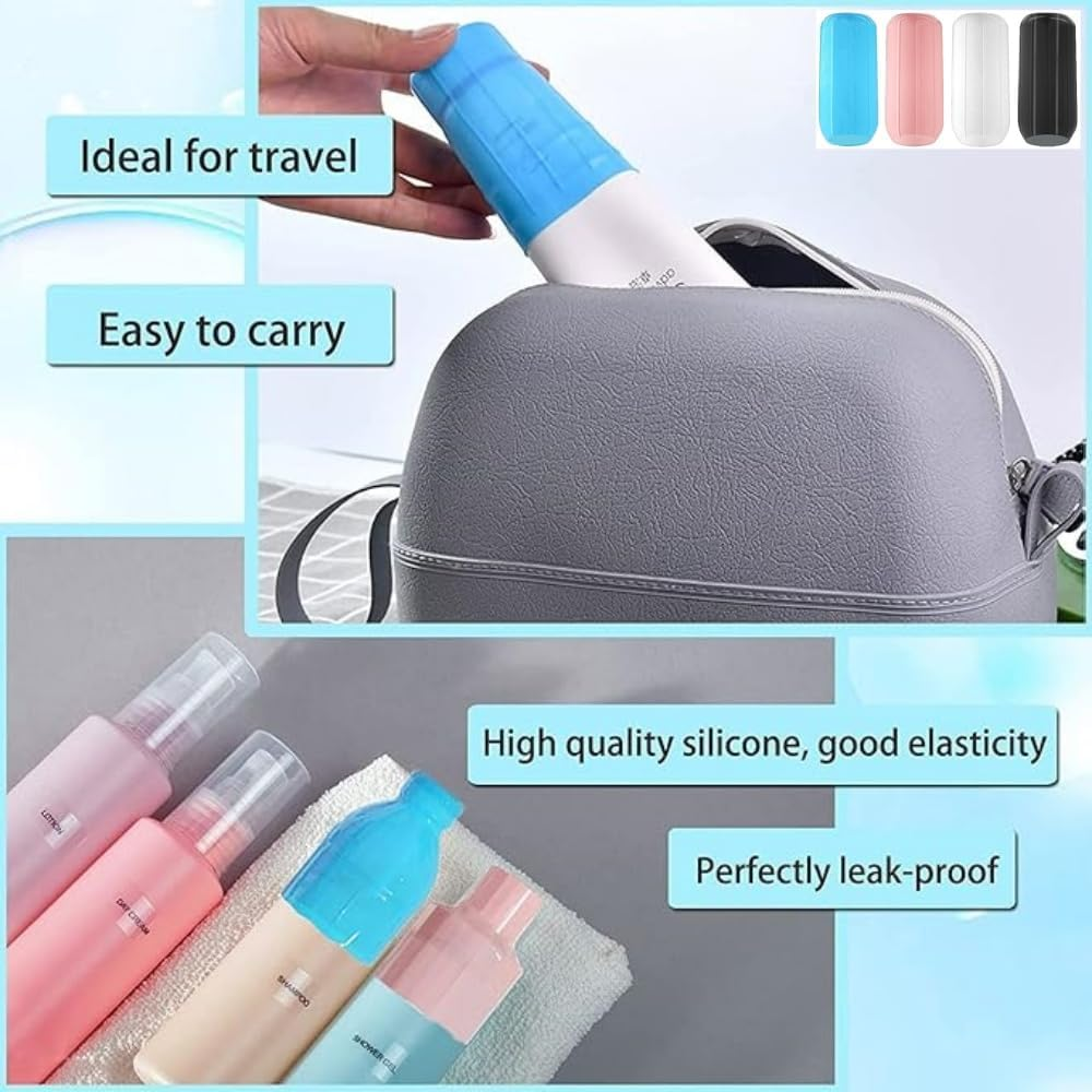 Jindizi 8Pcs Reusable Silicone Leak Proof Sleeves Elastic Sleeves, Elasticity Silicone Leak Locks for Travel Sized Toiletries Skins,Travel Bag and Carry-On Luggage (Blue/Black/White/Pink) image number 2