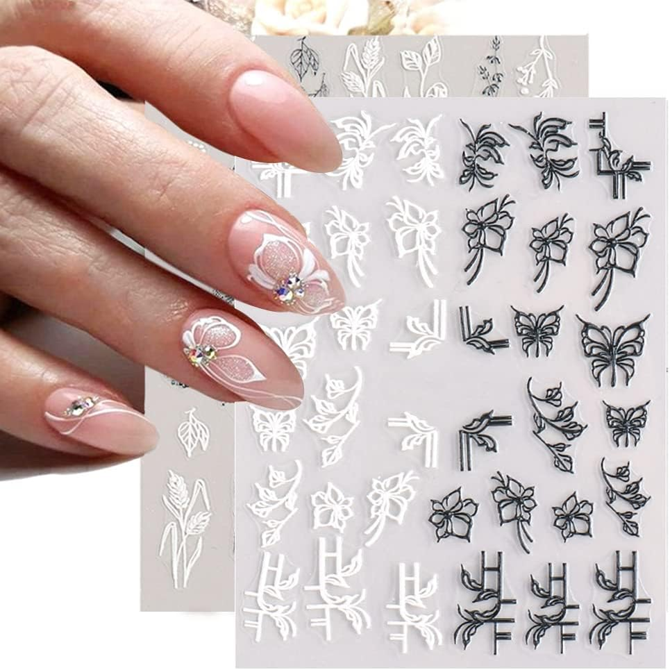 4 Sheets 3D Spring Nail Art Stickers, KXAMELIE Black and White Butterfly Flower Nail Stickers, Self-Adhesive Nail Polish Stickers, Simple Style for Acrylic Nails image number 6
