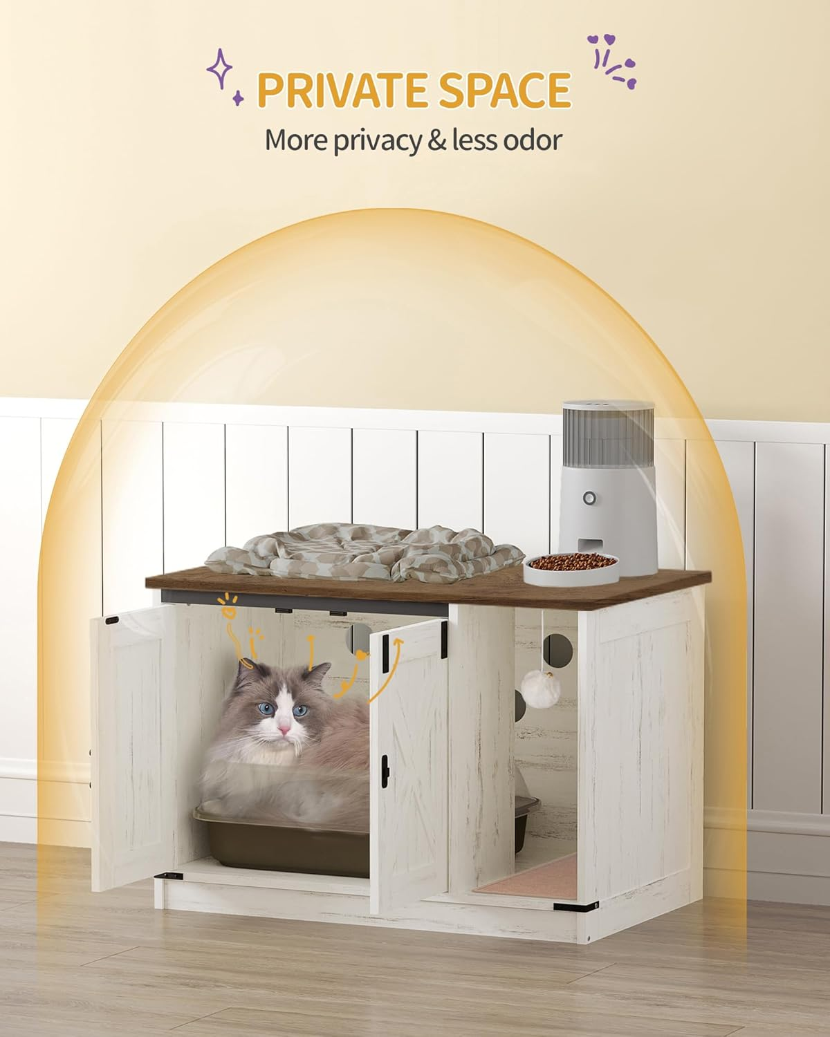Hzuaneri Cat Litter Box Enclosure, Hidden Litter Box Cabinet Furniture with Bell, Indoor Cat House, Farmhouse Style, 31.5 X 19.7 X 20.9Inches, for Hallway, Bedroom, Rustic Brown and White CB82414X image number 5