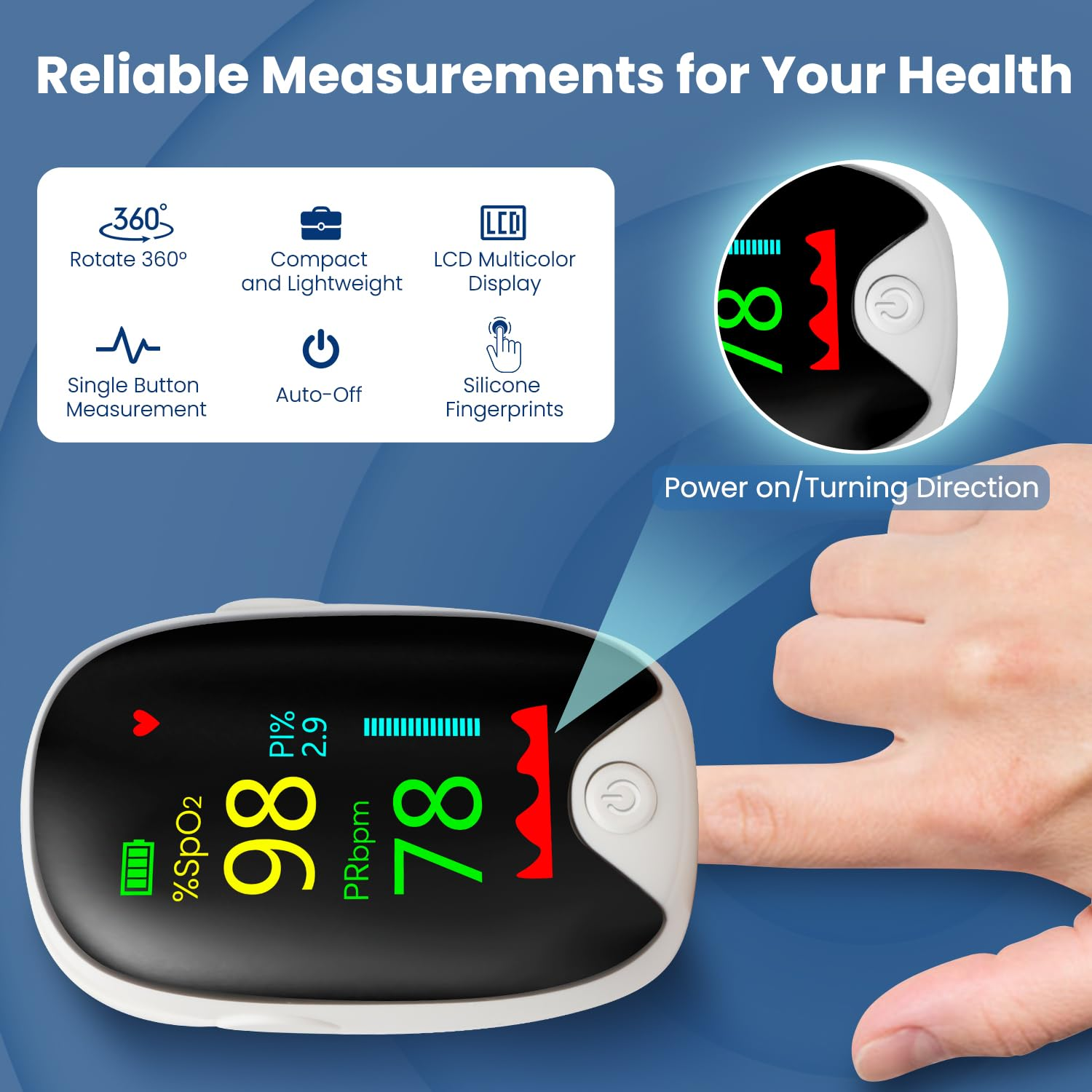 Finger Pulse Oximeter, Necomi Fingertip Pulse Oximeter, with Color LCD Screen, One-Button Operated Blood Oxygen Monitor Pulse Rate Monitor Lanyard (Batteries Not Included) image number 4
