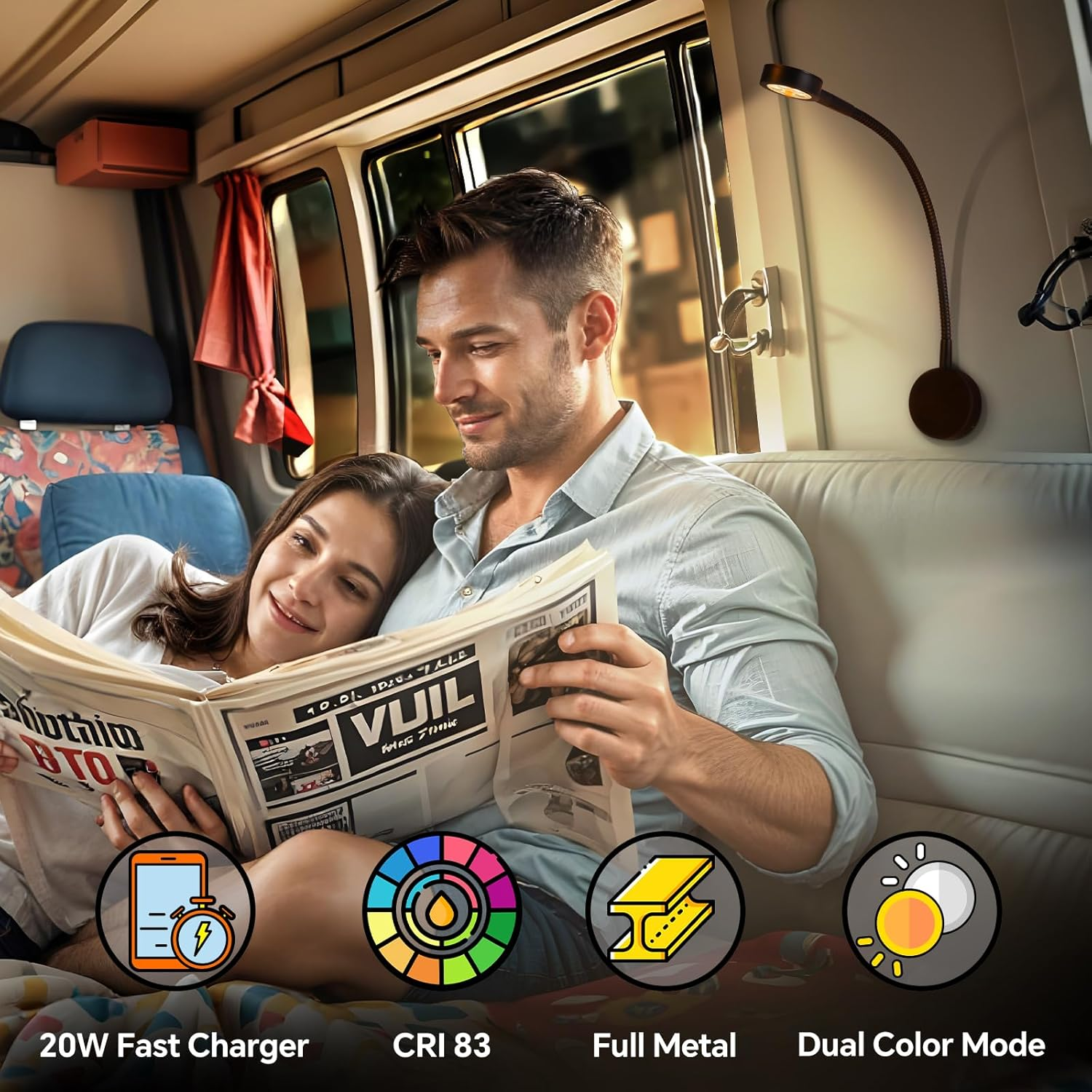 Obeaming 12V Reading Light RV Boat Flexible Spotlight, Built-In Dimmer Switch, Type C Charger, Red Night Light, 3200K DC12-24V Wall Light for Camper Van Caravan Yacht(Black) image number 1