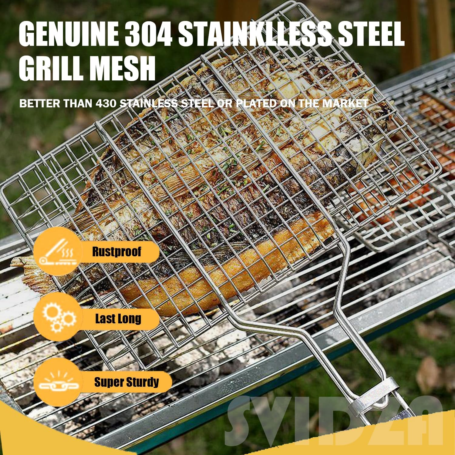 Fish Grill Basket, Svidza Portable Outdoor Non-Stick Grilling Basket for Fish, Vegetables, Shrimp and Steak. Thickened 304 Gardening Grill Netting Lasts Longer image number 3