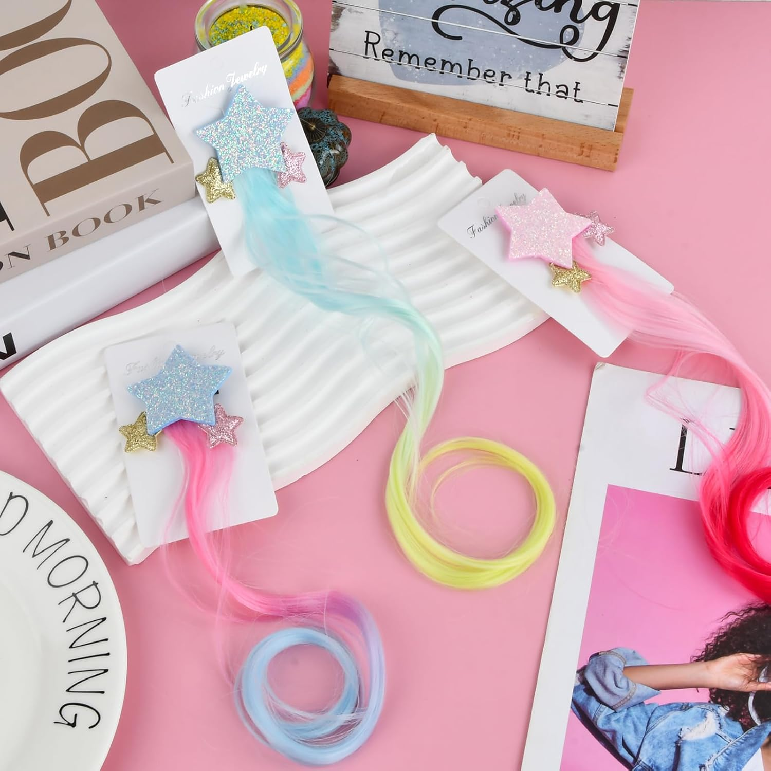 4PCS Coloured Hair, Children'S Colourful Wig Hair Clip Decoration Star, Kids Hair Extensions Fake Hair Rainbow Color Wig Clips Children, for Girls World Princess Party Cosplay Crazy Hair Day for Kids image number 6