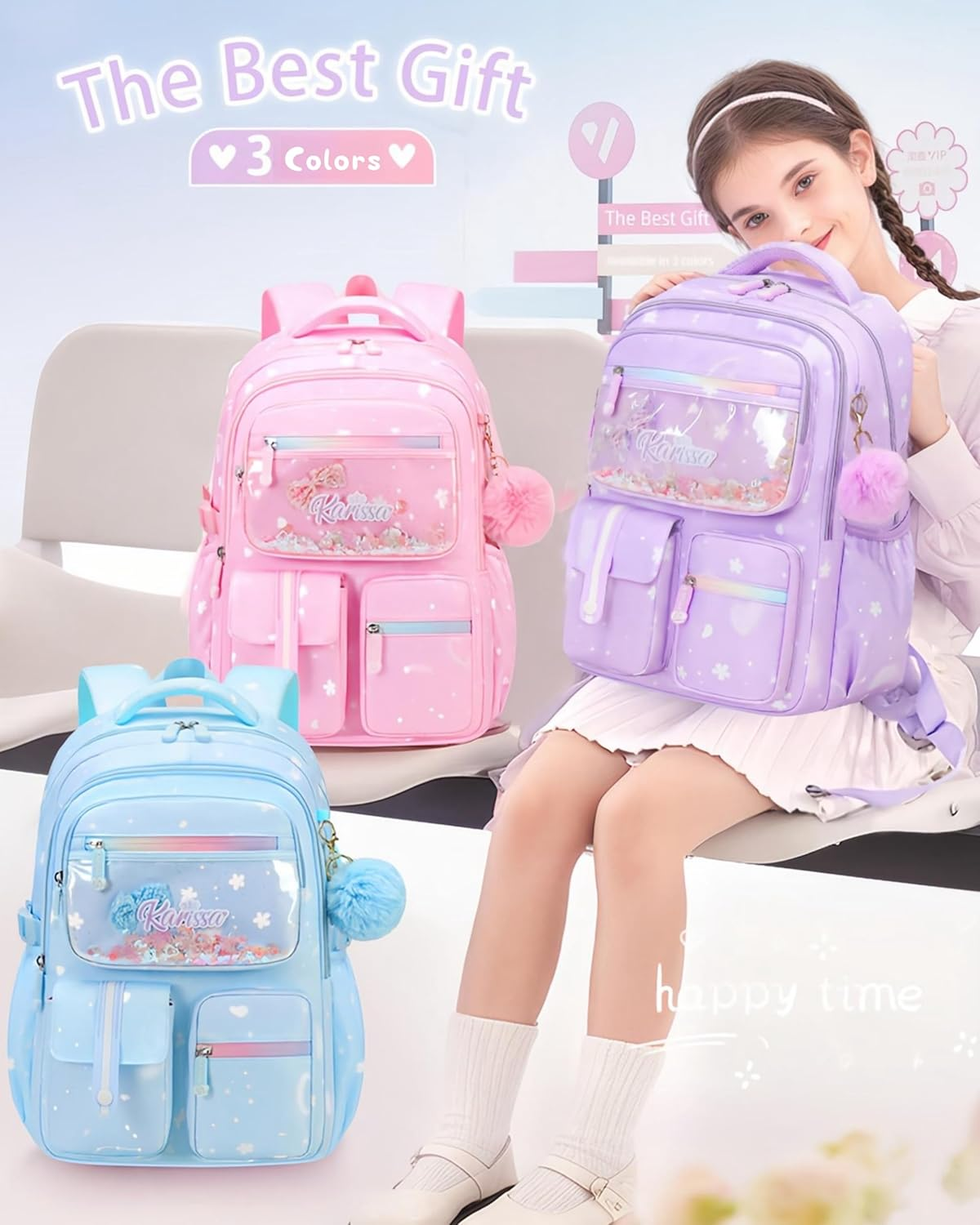 2Pcs Kawaii Girls Backpacks Capacity Elementary School Bags Bookbags image number 3