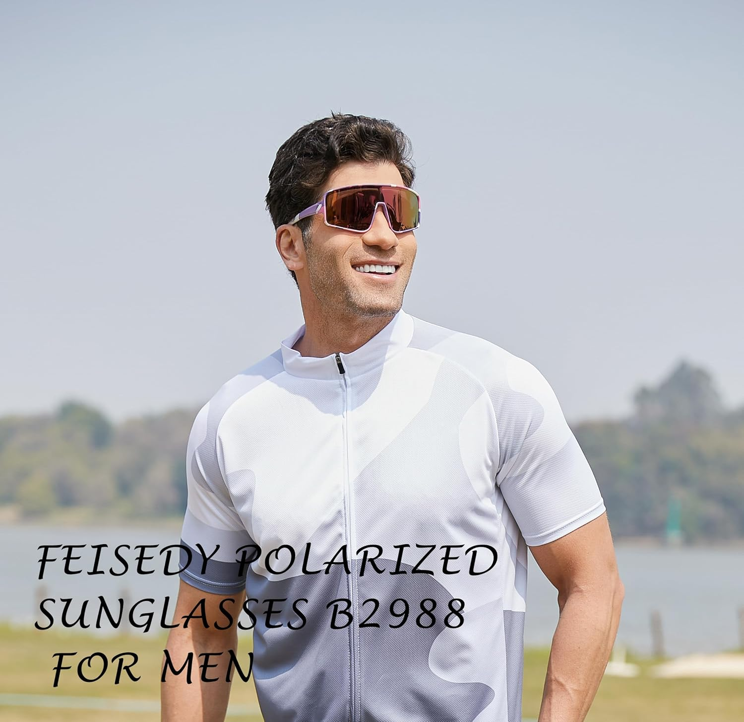 FEISEDY Sports Sunglasses Polarized Oversized Shield for Women Men Youth Baseball Cycling Running Outdoor Visor B2988 - Pink Camouflage Frame - Purple Mirrored Lens image number 6