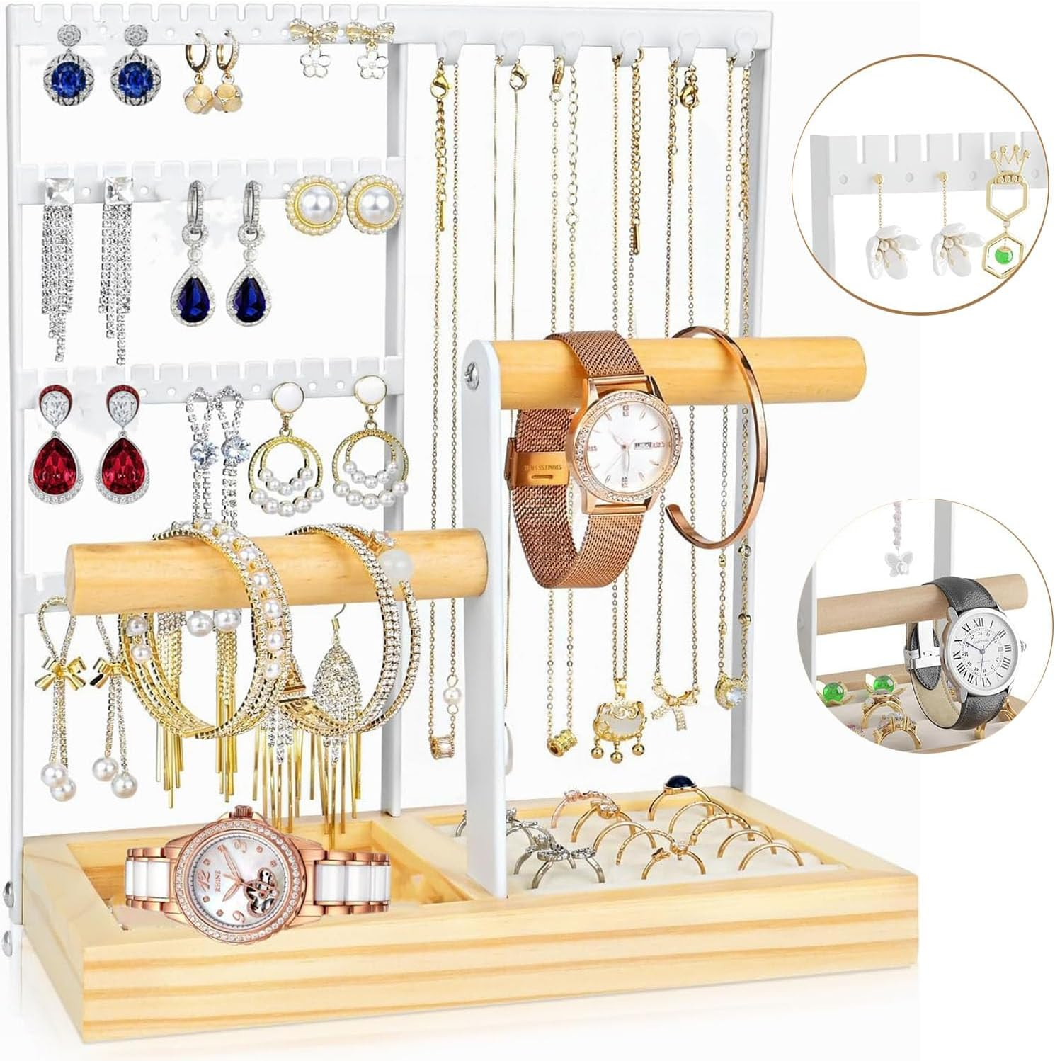 Paifeancodill Jewellery Stand Earring Stand Holder Jewelry Display Stands Necklace Holder Jewellery Holder with Storage Tray and Holes Wooden Jewellery Organiser Fornecklaceearringkeywatch (Gold)