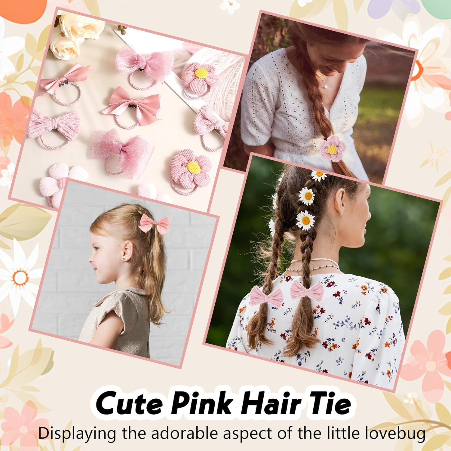 Pack of 10 Cute Hair Bobbles with Bow, Pink Elastic Hair Bands, Cute Flower Hair Scrunchies for Baby Girls, Toddlers, Accessories image number 1