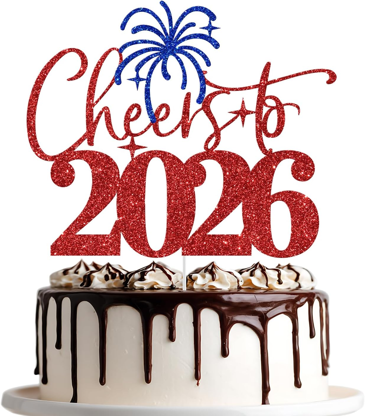 Cheers to 2025 Cake Topper, Happy New Year Cake Picks, Welcome 2025, New Year'S Eve/Christmas/Happy Holiday Party Decoration Supplies, Red & Blue Glitter
