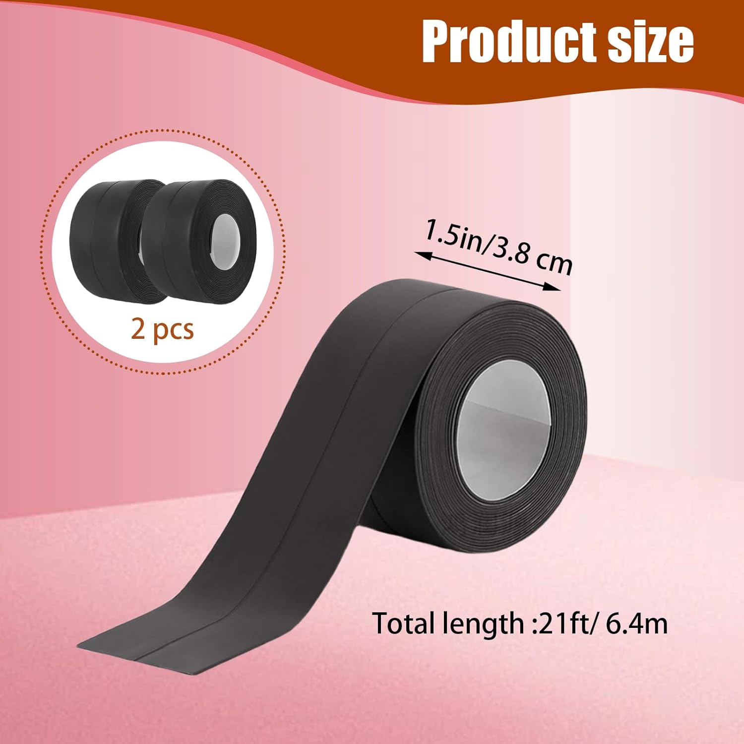 Sgphrzlt 2 Rolls Black Caulk Tape Waterproof Self Adhesive, 3.8Cm X 3.2M Bathroom Caulking Sealant Tape for Bathtub, Peel and Stick Toilet Base Sealer Strip for Floor Trim Shower Kitchen Wall Edge image number 1