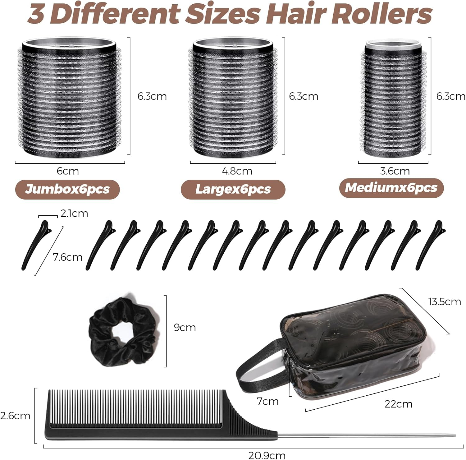Curler Set, 18 Pieces Curls Self-Adhesive Hair Rollers 3 Sizes 60 Mm 48 Mm 36 Mm with 15 Clips Hold Hair Rollers for Long Medium Hair