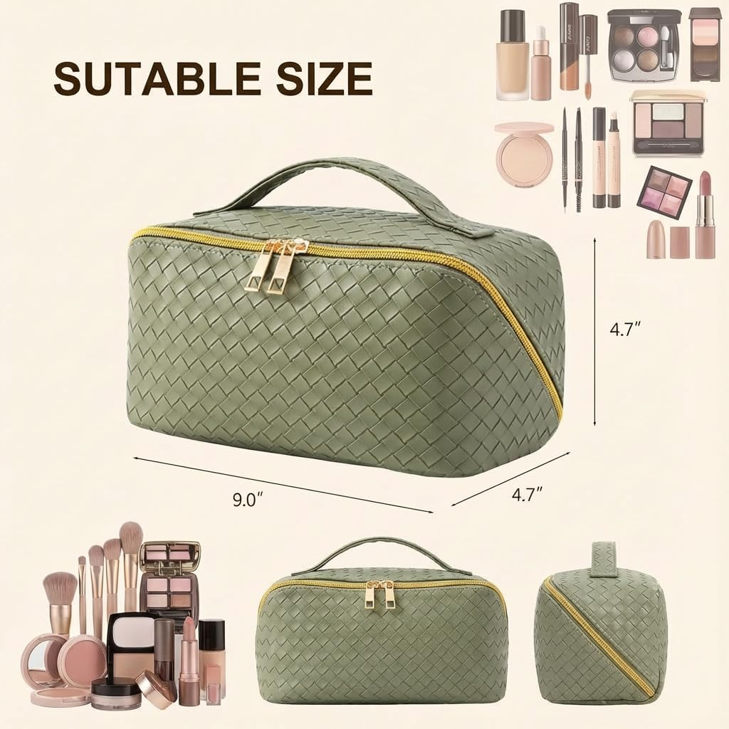 Large Capacity Makeup Bag with Handle & Dividers | Wide-Open Waterproof Travel Cosmetic Organiser for Women Toiletry Bag for Makeup Brushes & Beauty Essentials (Green) - Black image number 2