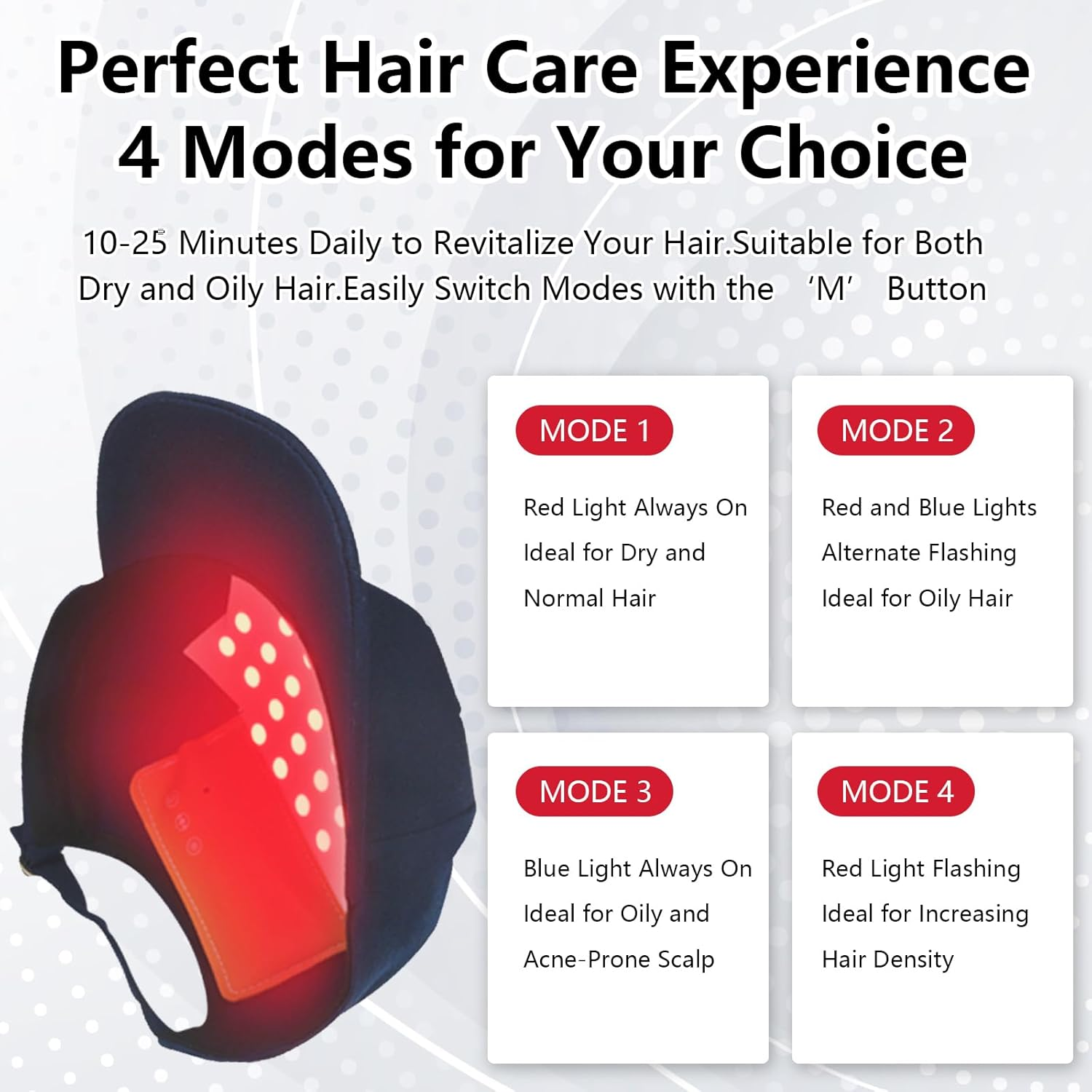 Hair Growth Cap with Red and Blue Light, 4 Modes Irradiation, Lightweight Design, Comfortable & Rechargeable, for Daily Use for Hair Care and Anti-Hair Loss