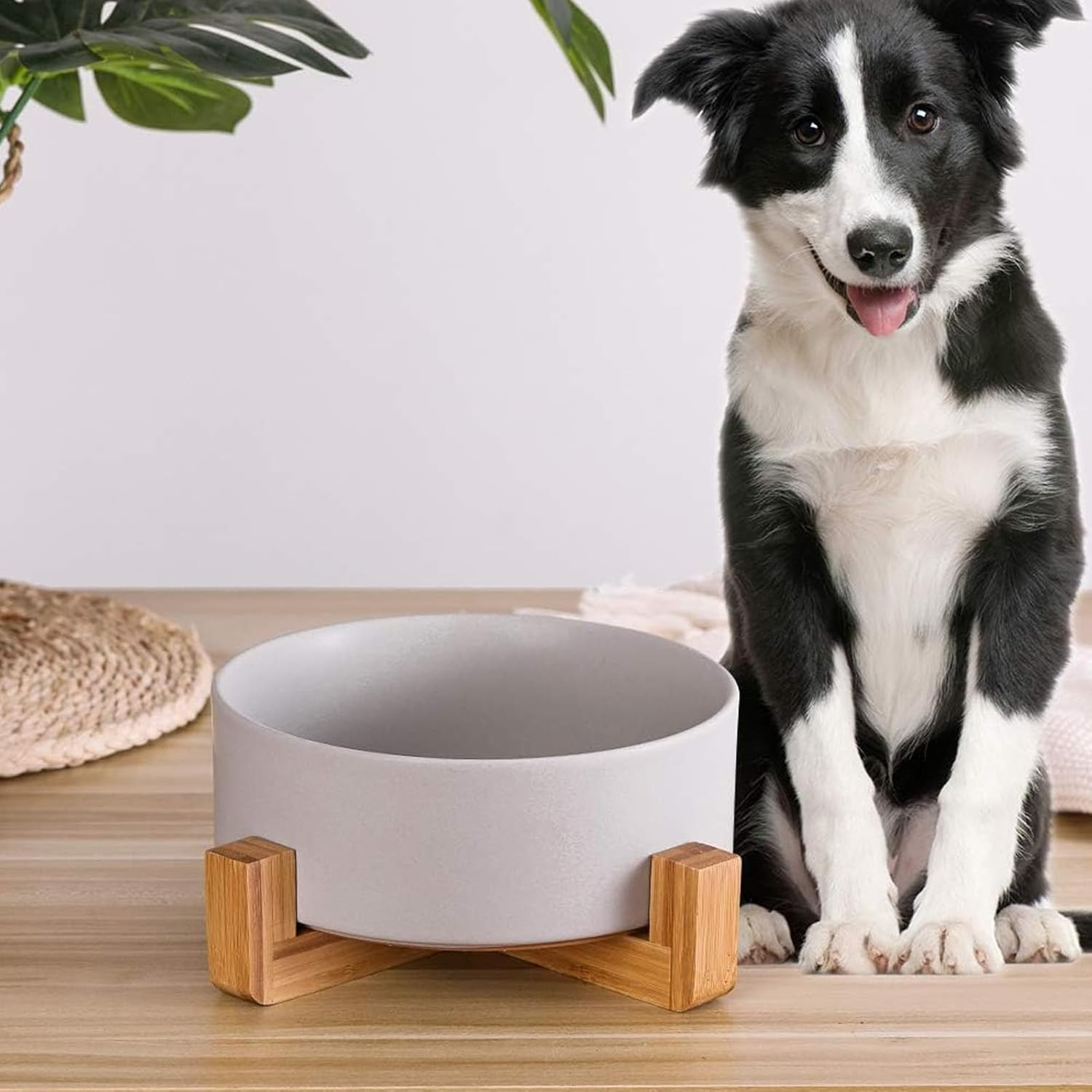 Ceramic Dog Bowls with Non Slip Wood Stand, PRENDIEEN Dog Water Bowls and Food Dish, Heavy No Tip over Dog Comfort Food Bowls, Extra High Capacity 8.4In(21Cm) Diameter, for Large Dogs (Grey) image number 1