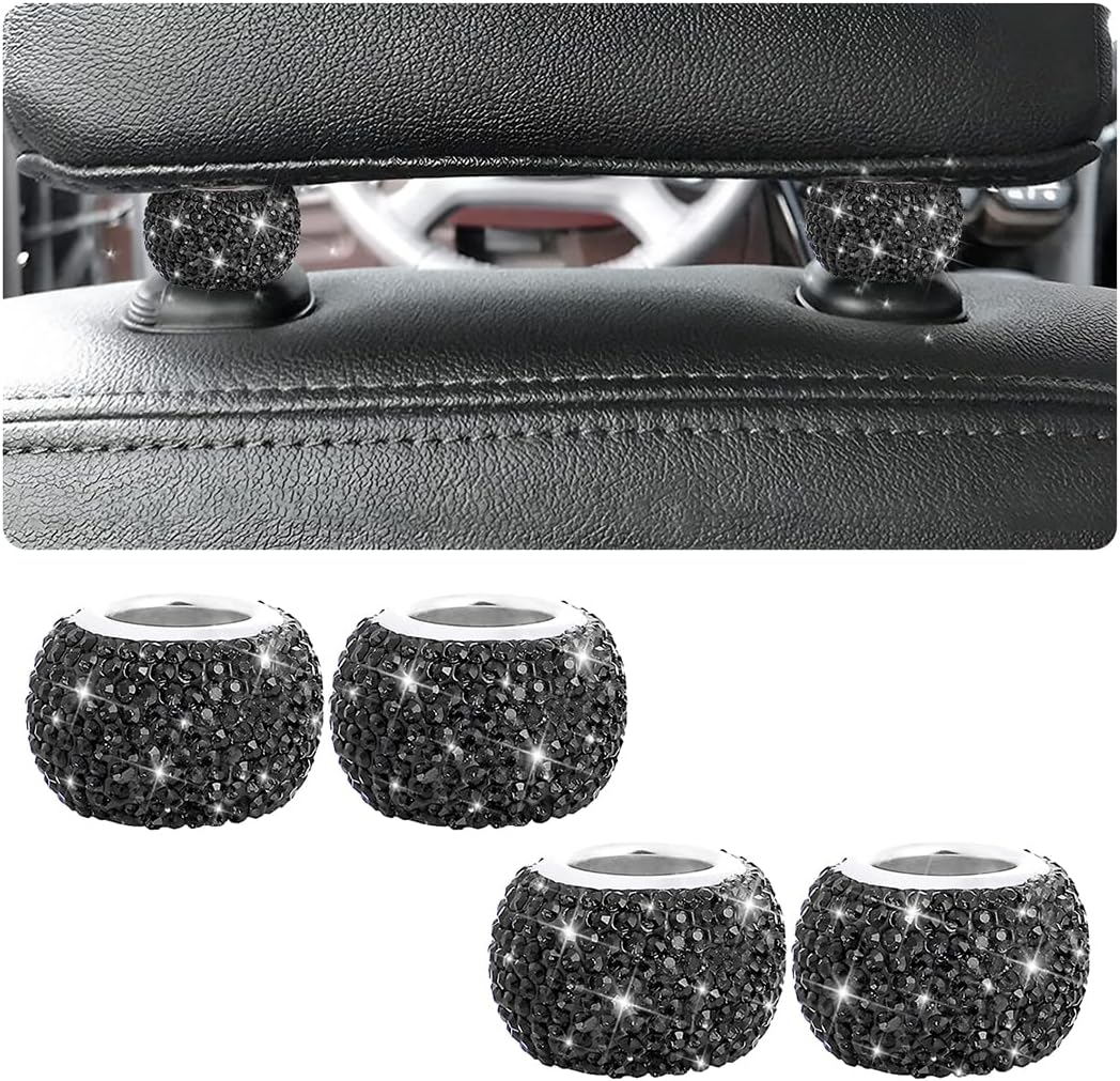 XINLIYA 4 Pack Car Headrest Collars, Bling Car Head Rest Collars Rings Decor, Rhinestone Car Head Rest Collars, Interior Car Seat Accessory, Crystal Decoration Charms for Car SUV Truck (Bright Black)