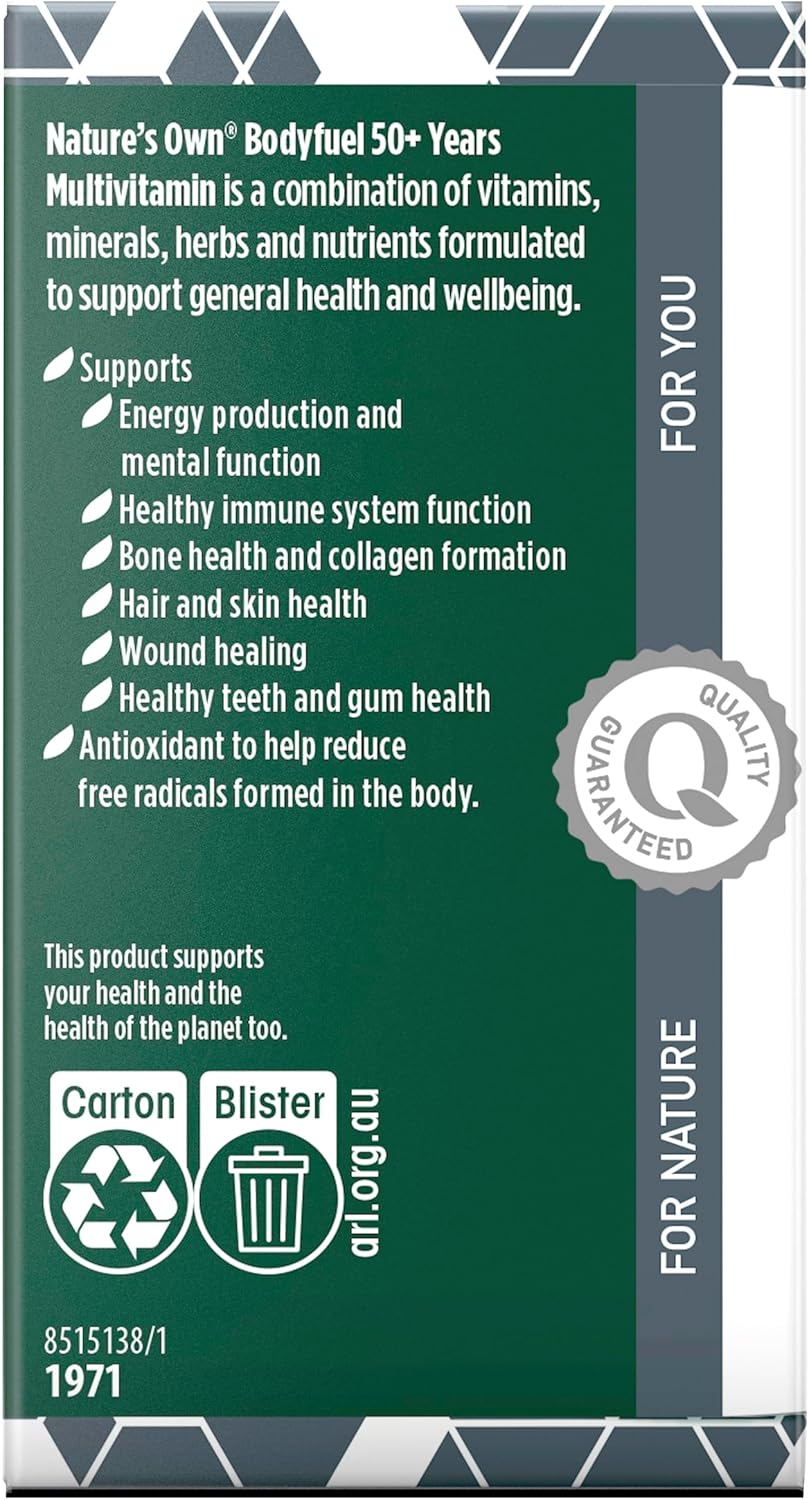 Nature'S Own Bodyfuel 50+ Years Multivitamin Tablets 60 - Supports Energy Production & Mental Function-Maintains Bone Health & Healthy Immune System Function-Reduces Free Radicals Formed in the Body