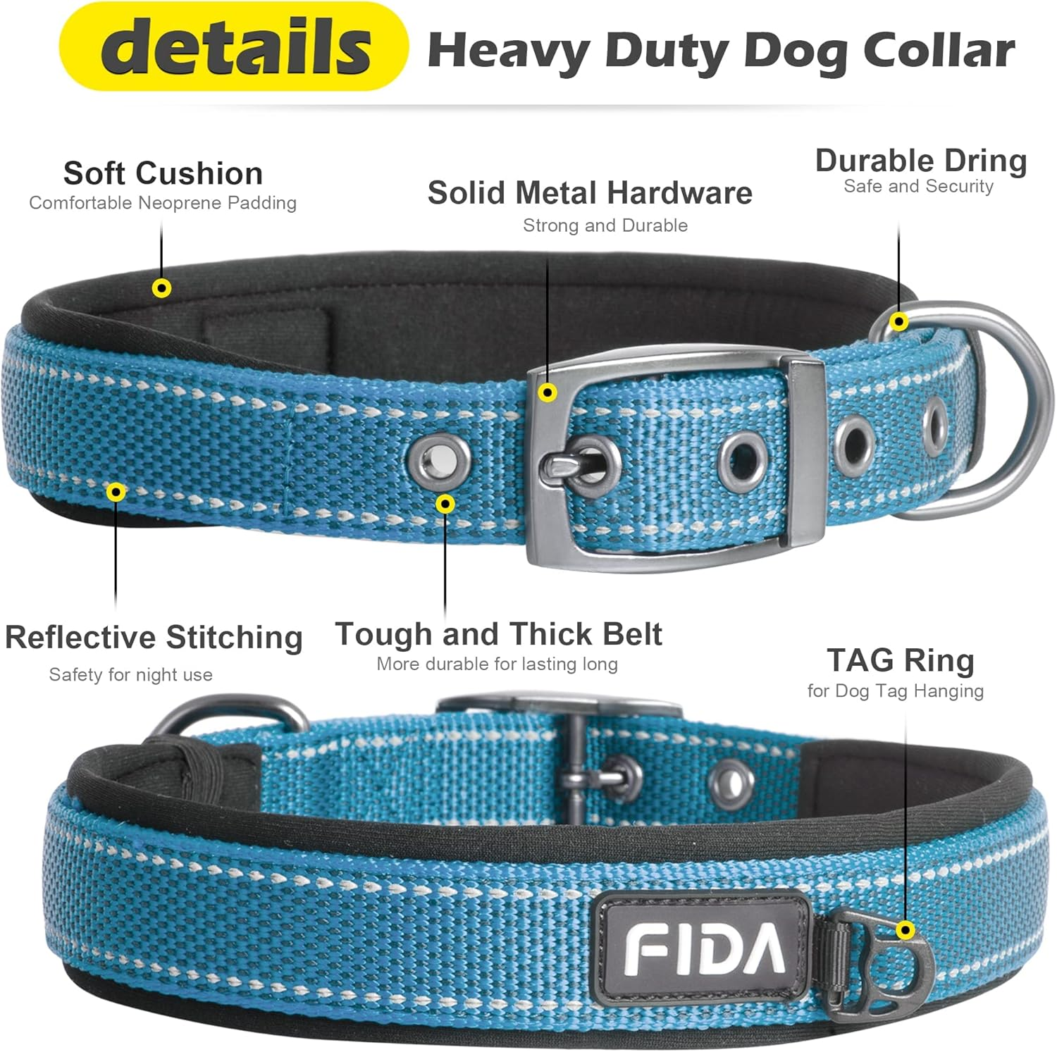 Fida Heavy Duty Dog Collar, Ultra Comfortable Soft Neoprene Padded, Adjustable Reflective Nylon Pet Collar with Durable Metal Belt Buckle for Medium Breeds (M, Blue) image number 3